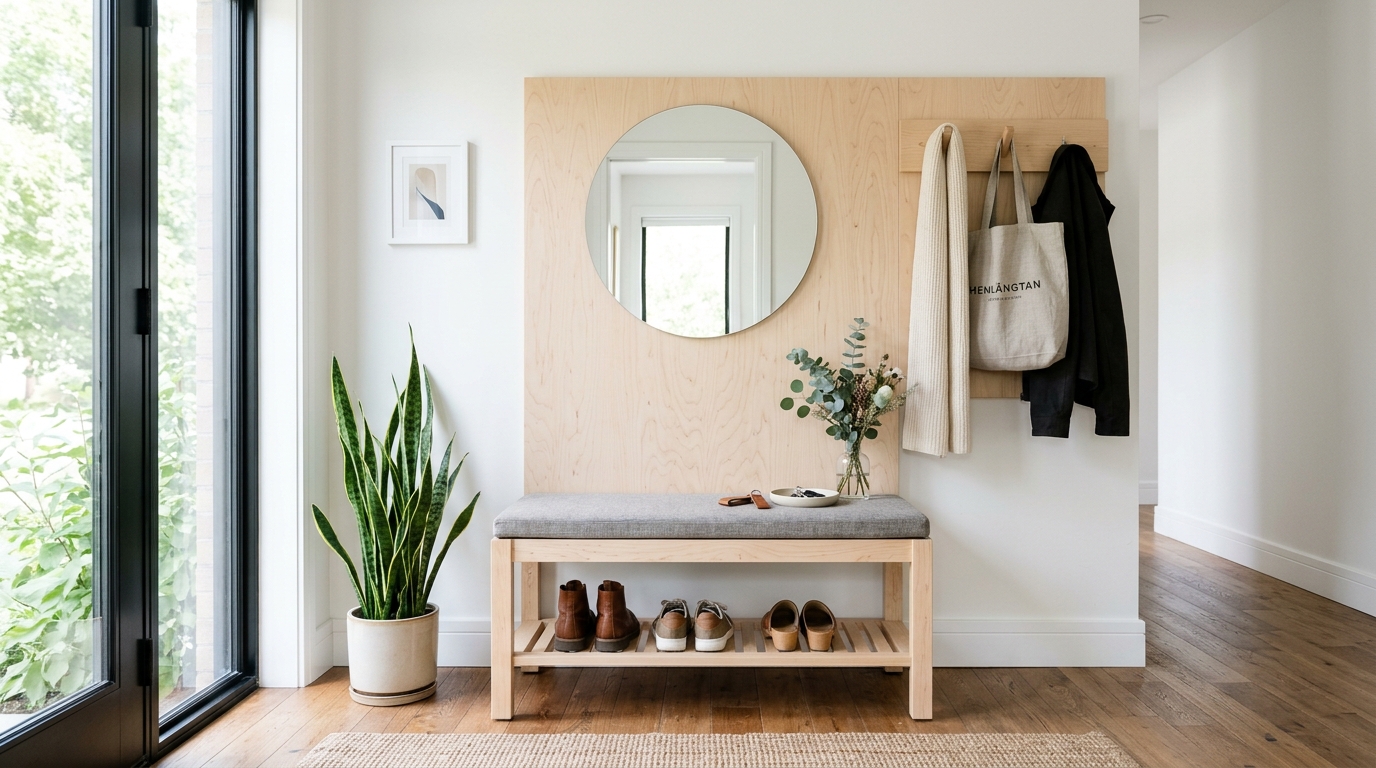 Scandinavian hallway design with light birch wood furniture and a minimalist circular mirror. Scandinavian hallway design with light birch wood furniture and a minimalist circular mirror.
