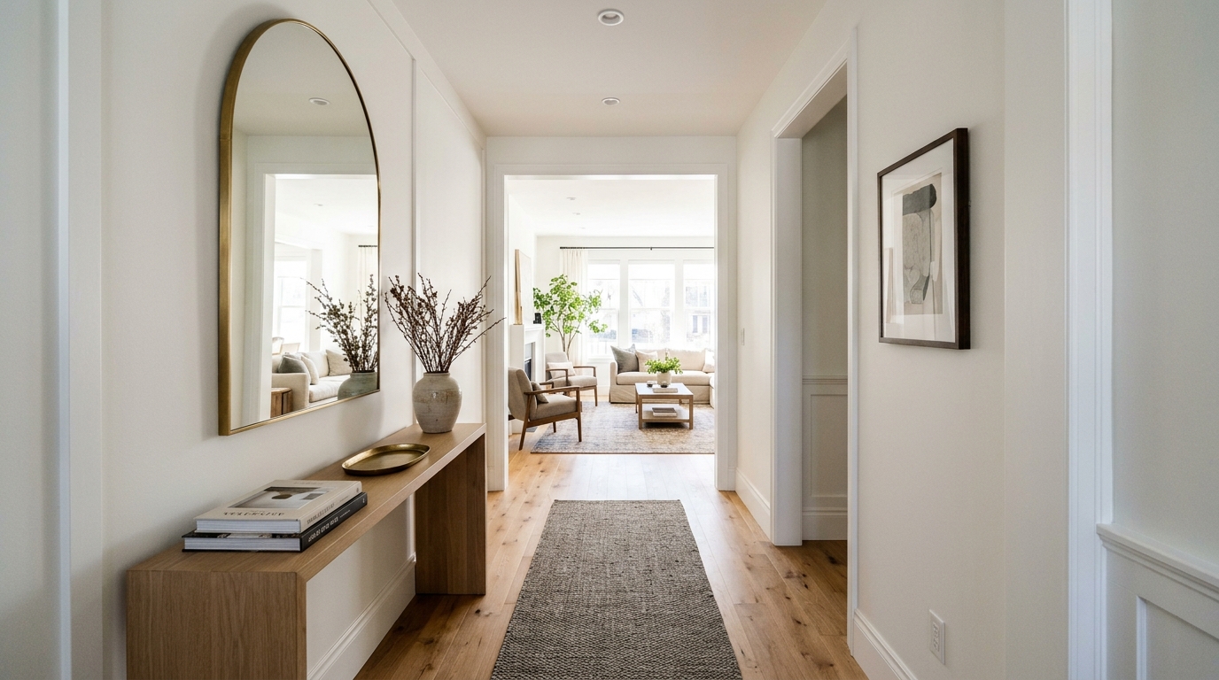 A wide-angle perspective of a narrow hallway showing a 36-inch walkway clearance and a slimline console table with a large arched mirror. A wide-angle perspective of a narrow hallway showing a 36-inch walkway clearance and a slimline console table with a large arched mirror.