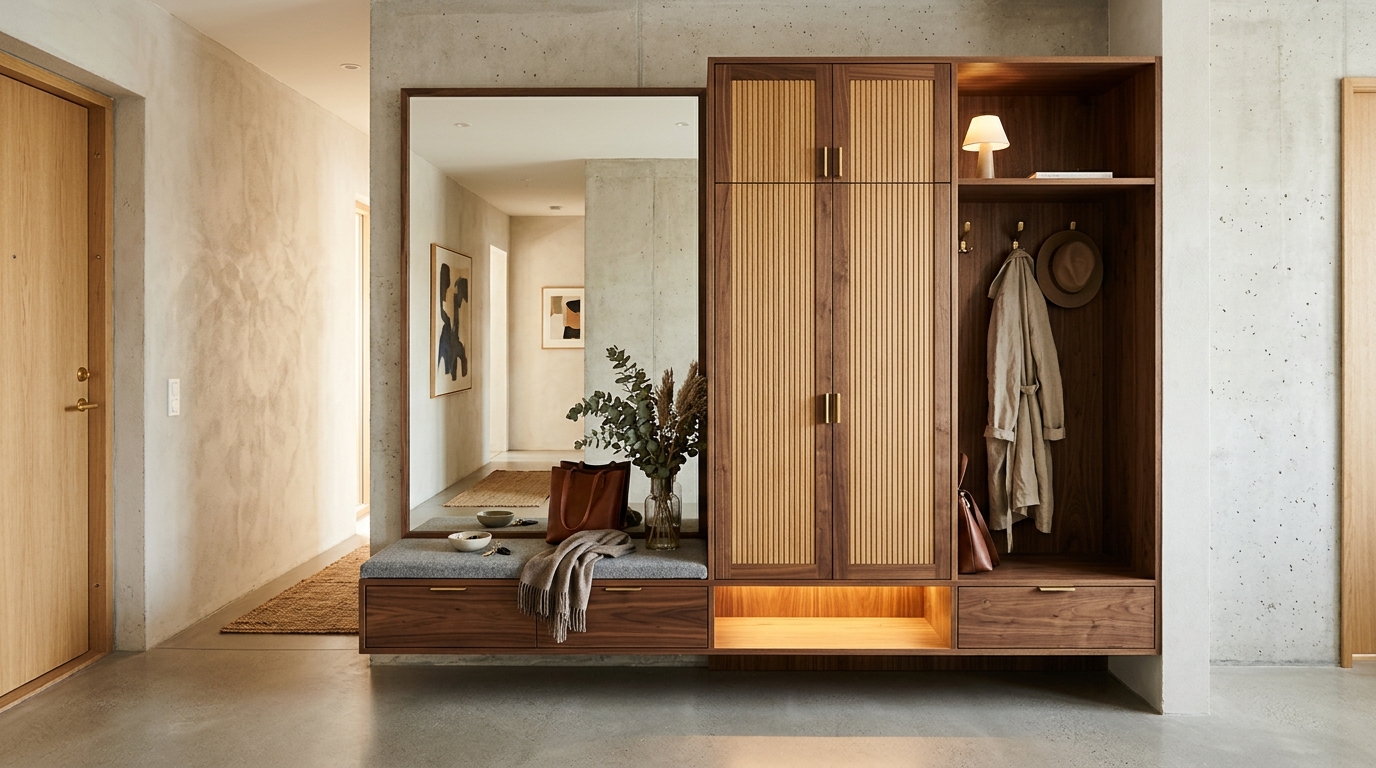 Final perspective of an optimized narrow entryway with a custom mirror-storage hybrid and soft ambient lighting. Final perspective of an optimized narrow entryway with a custom mirror-storage hybrid and soft ambient lighting.