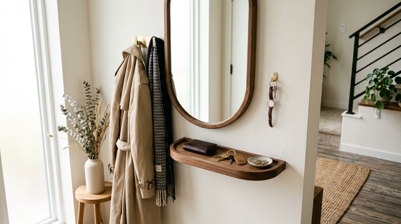 Functional entryway drop zone with a wall-mounted walnut mirror-shelf hybrid holding brass keys and a leather mail pouch. Functional entryway drop zone with a wall-mounted walnut mirror-shelf hybrid holding brass keys and a leather mail pouch.