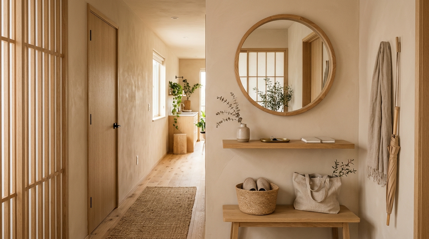 Minimalist Japandi-style entryway with a circular mirror and a floating oak shelf against a soft beige lime-wash wall. Minimalist Japandi-style entryway with a circular mirror and a floating oak shelf against a soft beige lime-wash wall.