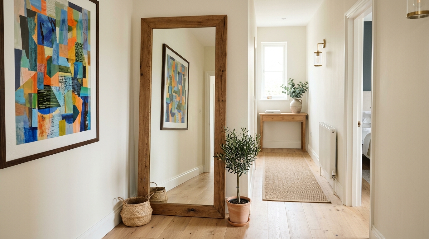 Oversized floor mirror for narrow hall leaning against a wall in a historic row house, reflecting a gallery wall. Oversized floor mirror for narrow hall leaning against a wall in a historic row house, reflecting a gallery wall.