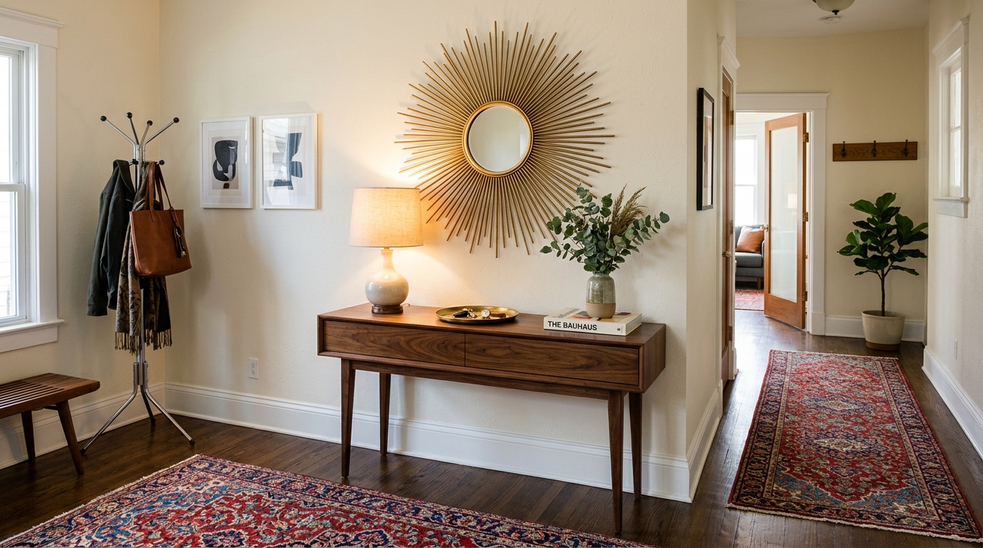 Mid-century modern entryway with a walnut credenza, a sunburst mirror, and a vintage runner rug. Mid-century modern entryway with a walnut credenza, a sunburst mirror, and a vintage runner rug.