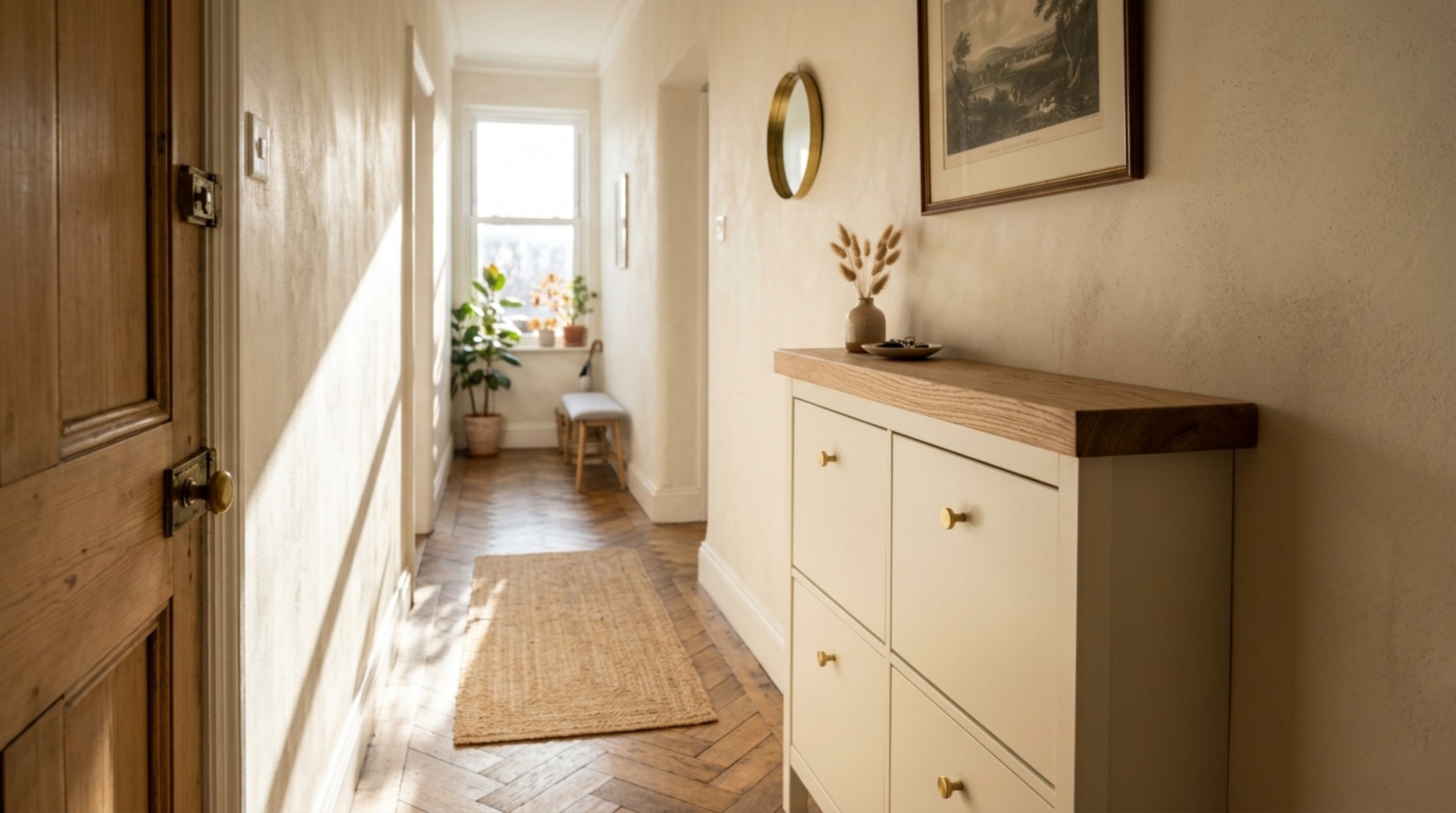 A sun-drenched narrow hallway featuring a hacked IKEA Ställ cabinet with a custom white oak top and minimalist brass pulls, optimizing a 36-inch walkway with clever narrow entryway ideas.