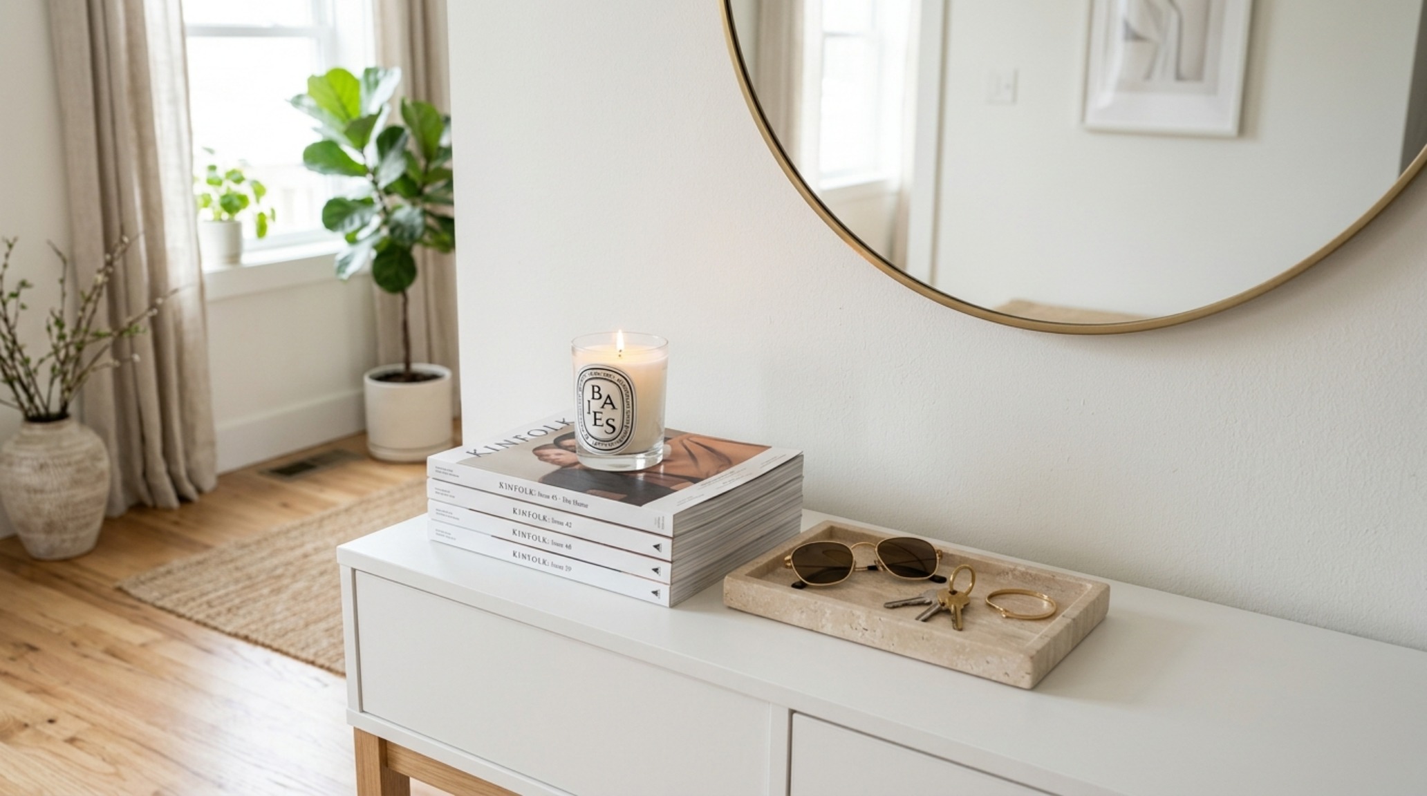 Wide-angle shot of a micro-entryway demonstrating the 36-inch clearance rule and the visual expansion of floating cabinetry.