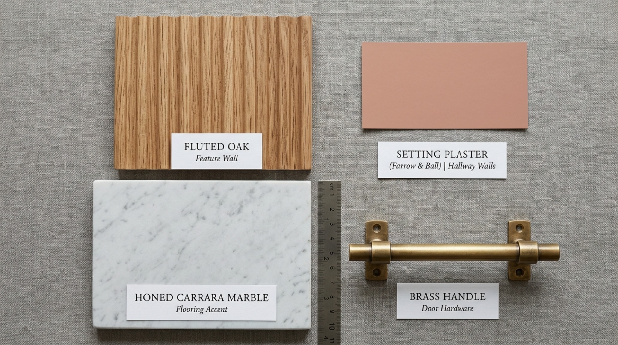 Tactile material board for an entryway project including fluted oak, honed marble, brushed brass, and a sample of limewash paint.