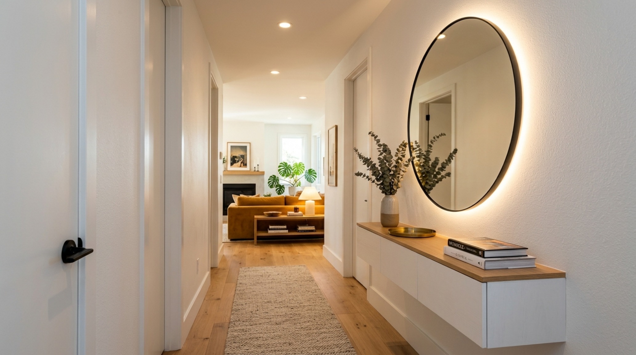 Architectural view of a small entryway console table with mirror, utilizing a back-lit circular mirror and 2700K warm lighting to create spatial volume in a narrow hallway.
