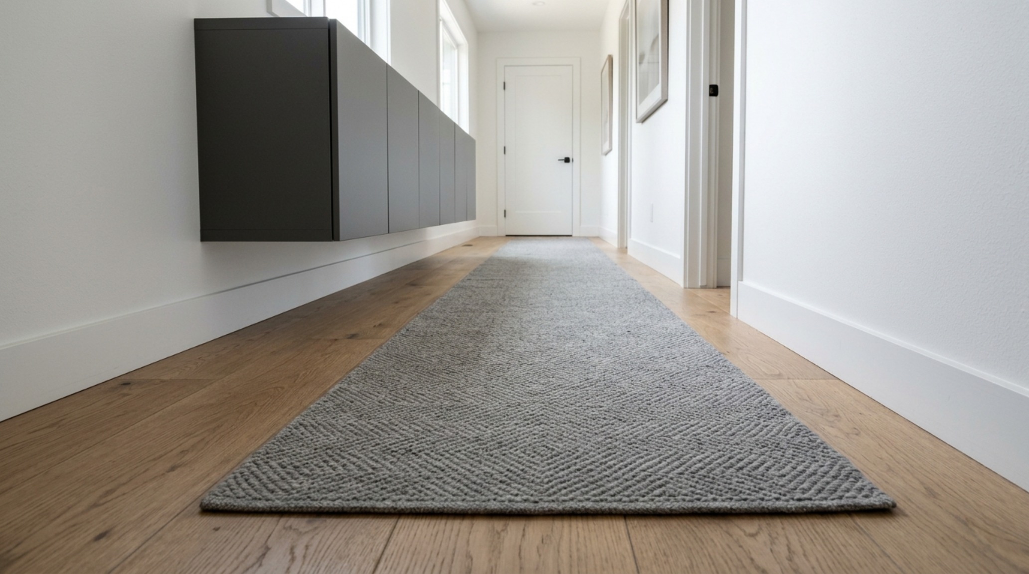 A modern narrow hallway runner rug in charcoal wool anchoring a floating storage system made from modified IKEA Trones units with wood waterfall cladding.