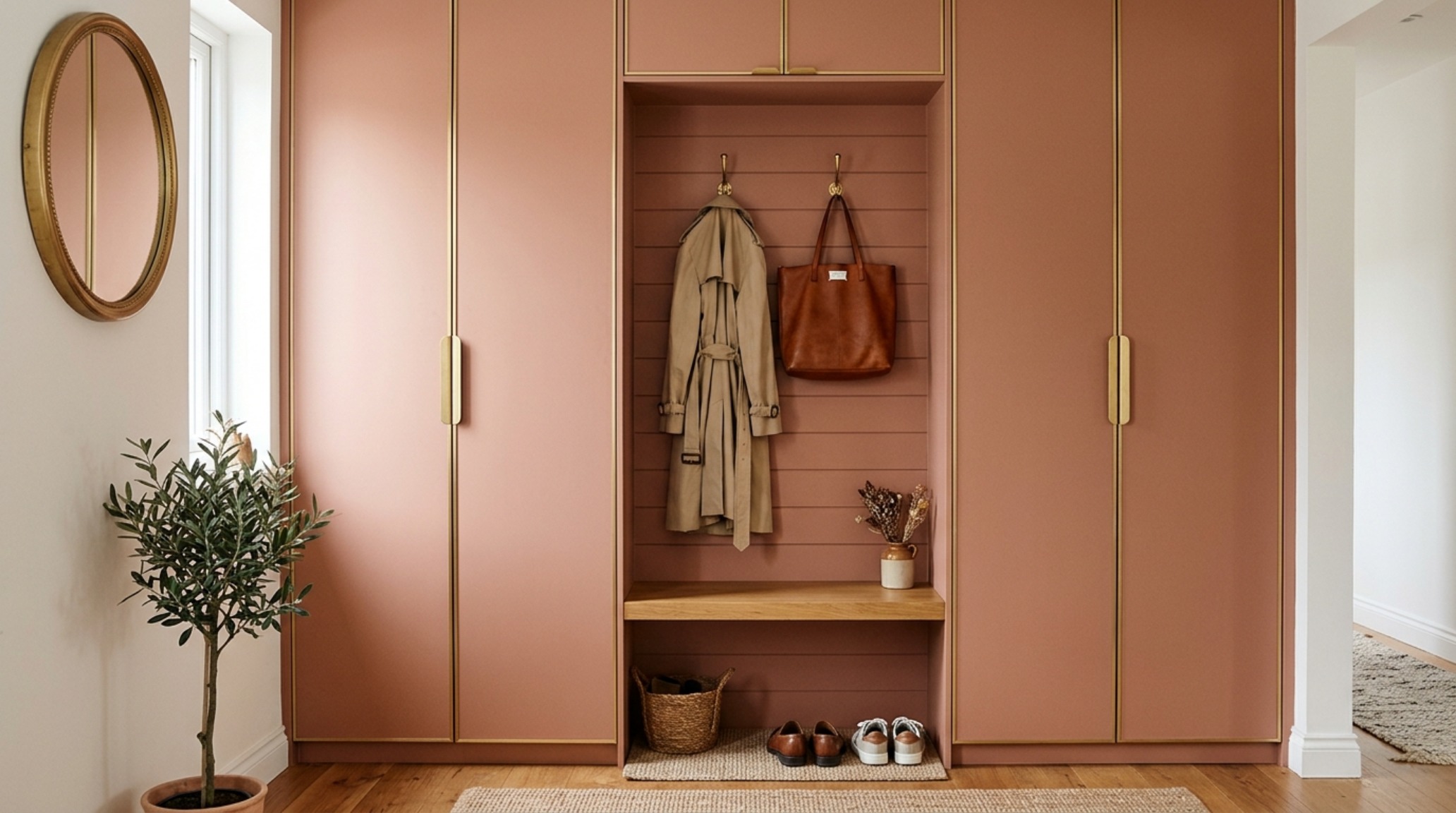 Bespoke-on-a-budget entryway mudroom hack using depth-reduced Pax wardrobes painted in Farrow & Ball Setting Plaster with custom brass hooks.