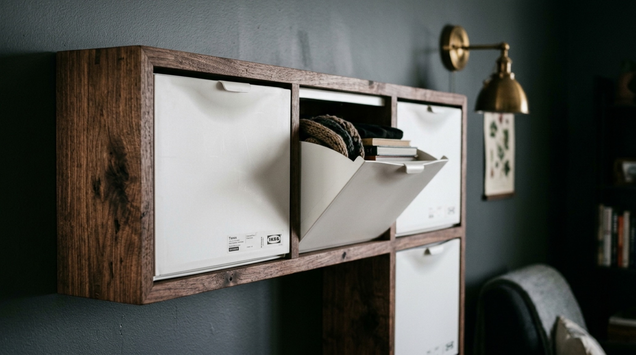 Elevated DIY floating entryway storage detail featuring fluted oak panels and integrated LED strip lighting for a high-end architectural finish.
