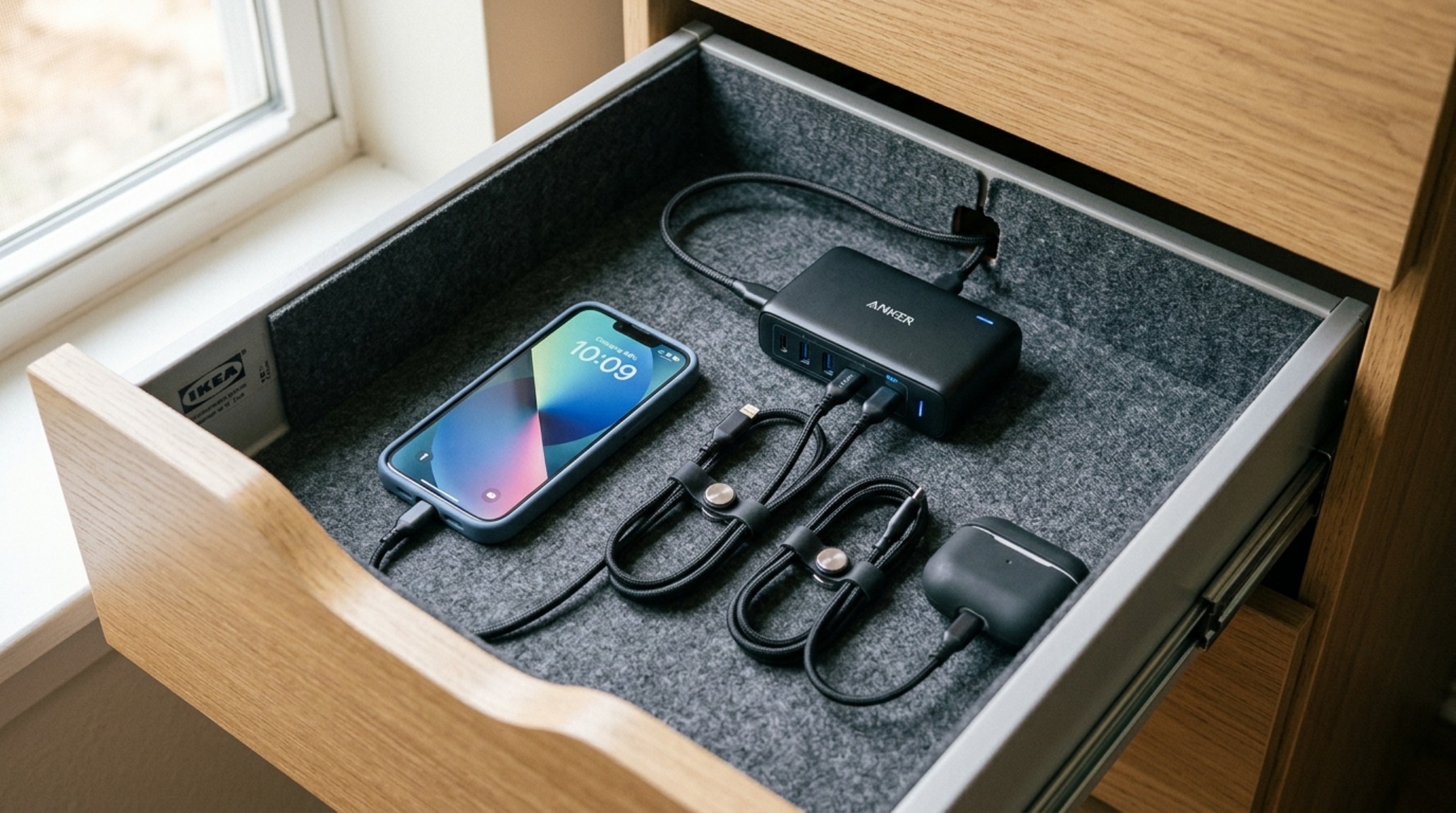 Minimalist drop zone with a custom-hacked IKEA Bissa cabinet, featuring a leather-lined tray for keys and a high-CRI directional sconce.