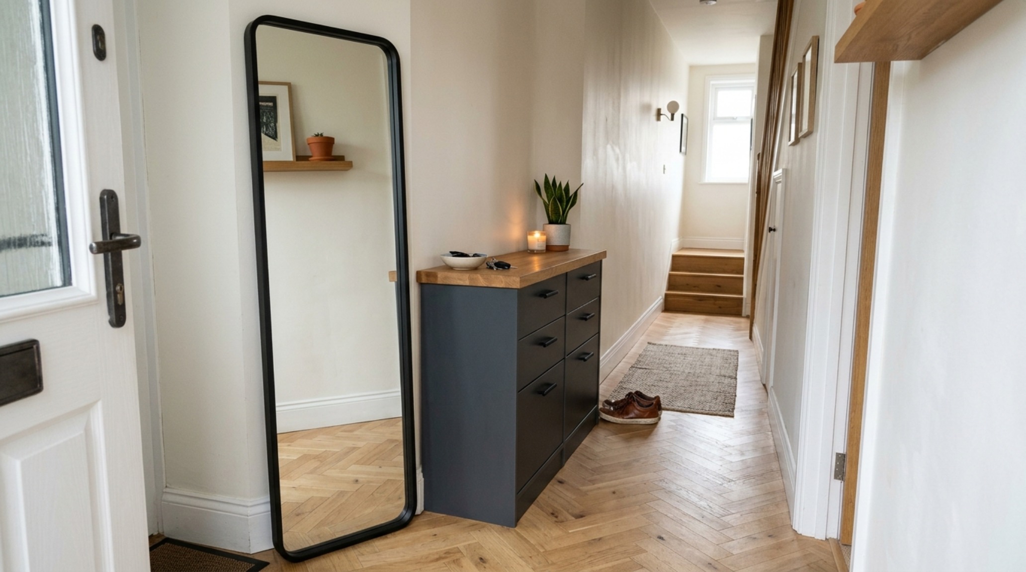 Sophisticated small entryway decor ideas featuring a mix of vintage ceramics and modern tech integration atop a modified IKEA furniture flip.