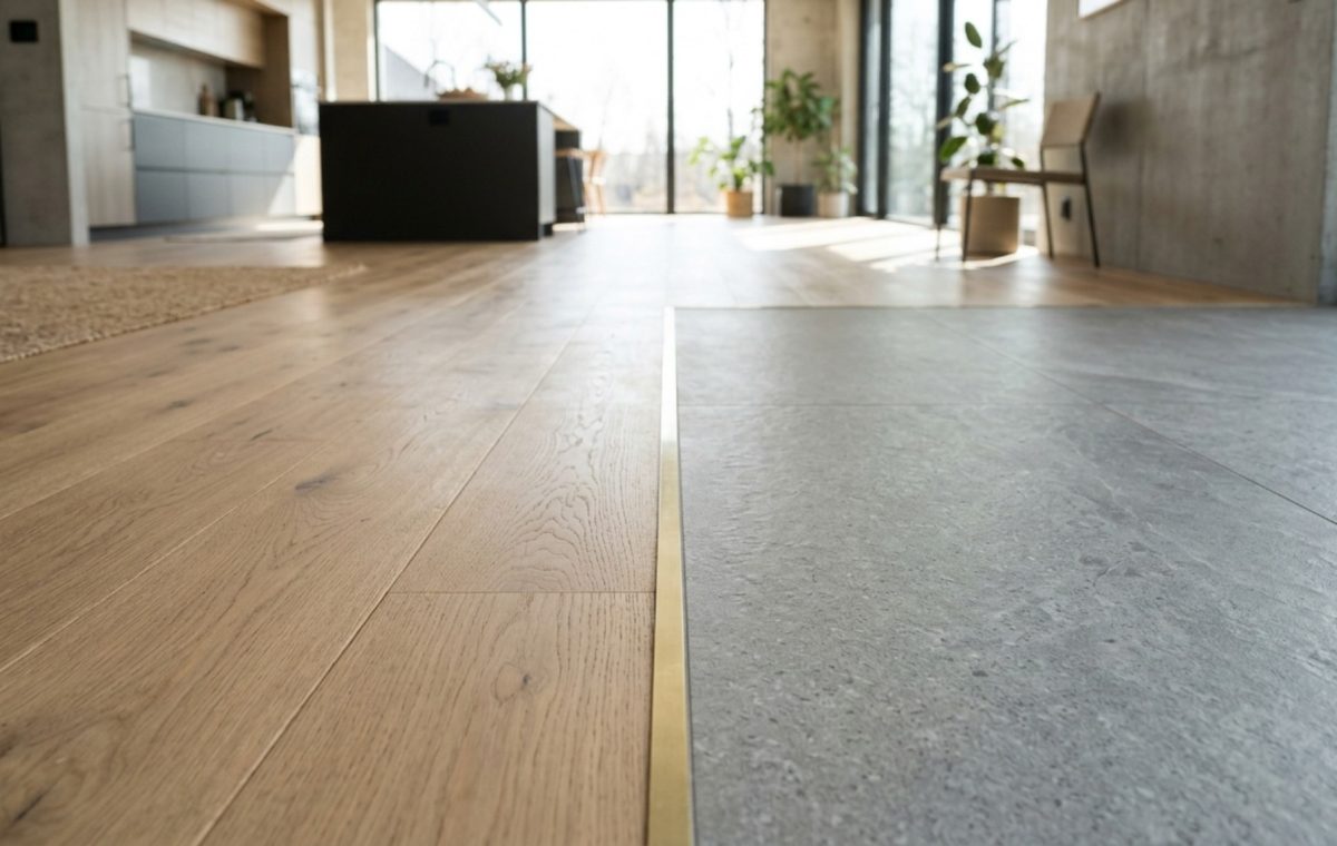 Open concept floor transitions between warm white oak hardwood and matte grey porcelain tile with a minimalist brass Schluter profile.