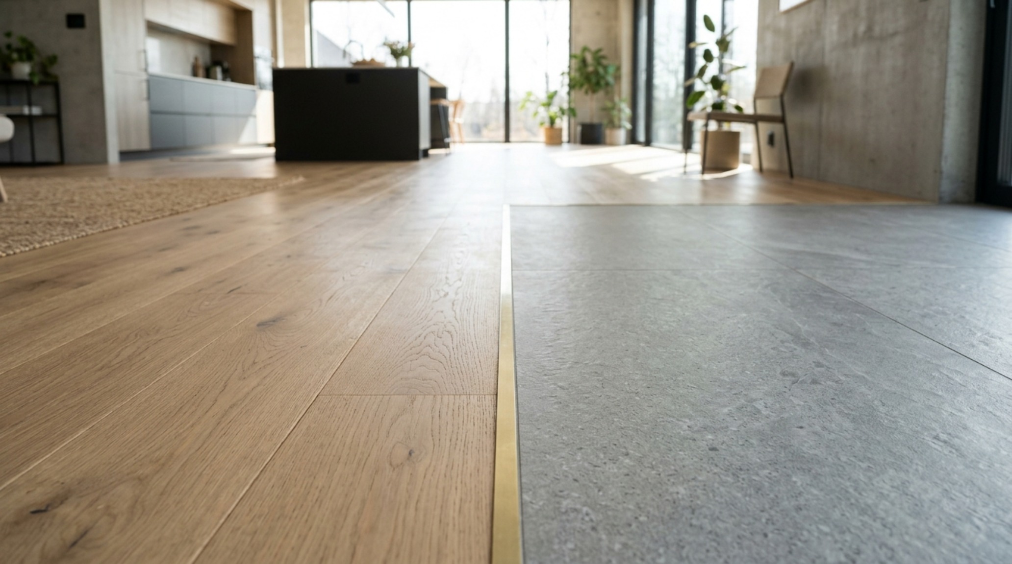 Open concept floor transitions between warm white oak hardwood and matte grey porcelain tile with a minimalist brass Schluter profile. Open concept floor transitions between warm white oak hardwood and matte grey porcelain tile with a minimalist brass Schluter profile.