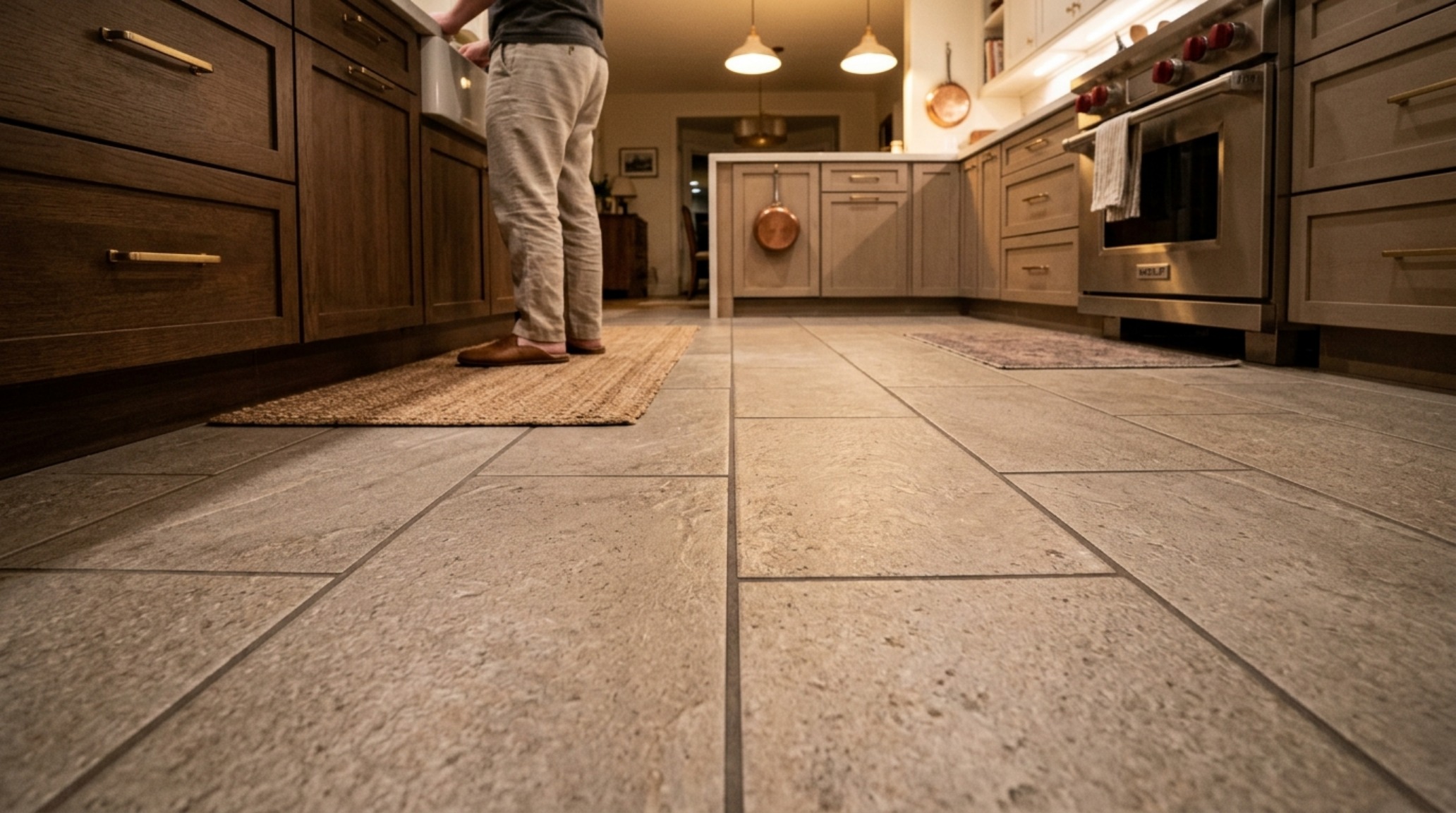 Slip resistant kitchen tiles featuring a subtle texture that catches the 3000K task lighting while providing maximum DCOF safety. Slip resistant kitchen tiles featuring a subtle texture that catches the 3000K task lighting while providing maximum DCOF safety.
