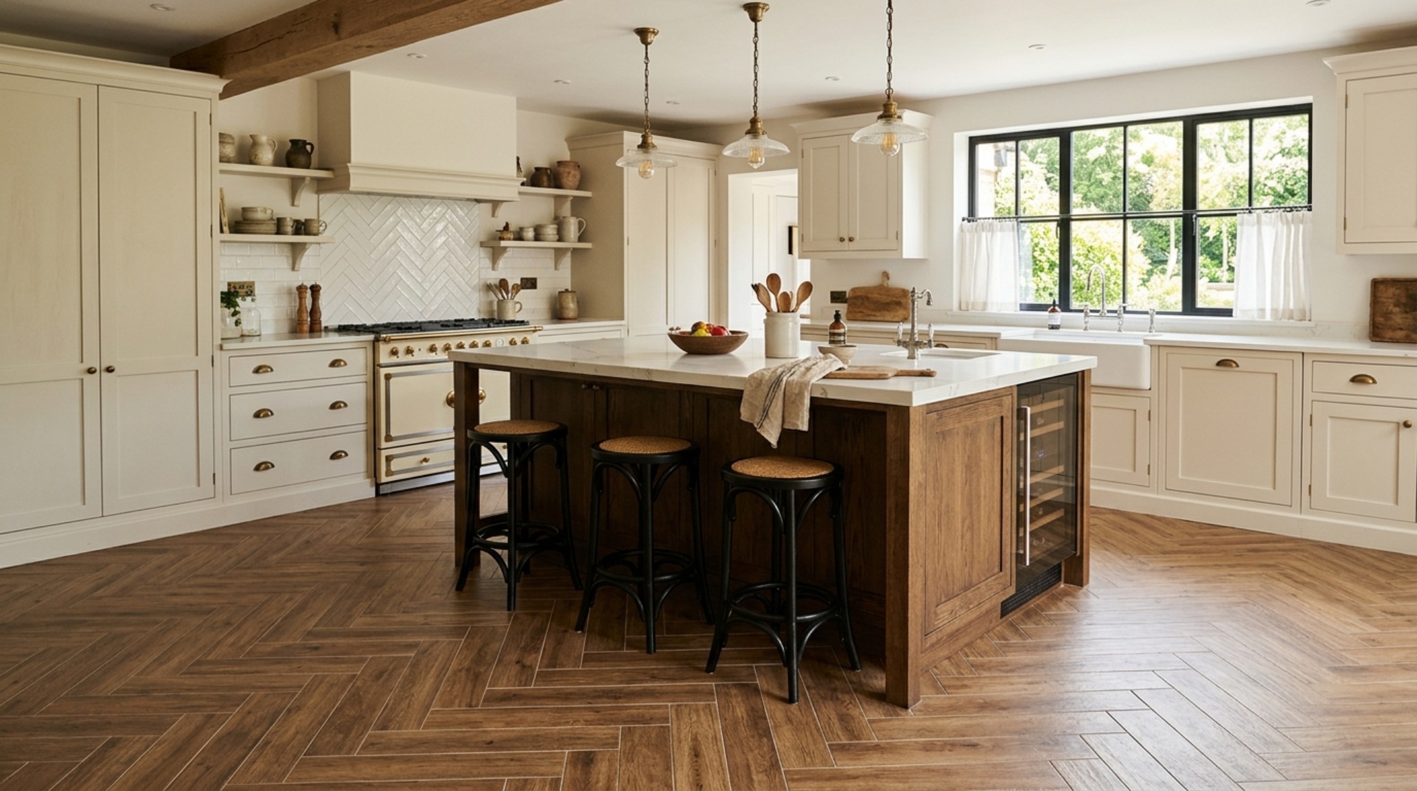 Modern farmhouse kitchen flooring with a herringbone porcelain wood-look pattern that combines traditional charm with water-proof durability. Modern farmhouse kitchen flooring with a herringbone porcelain wood-look pattern that combines traditional charm with water-proof durability.