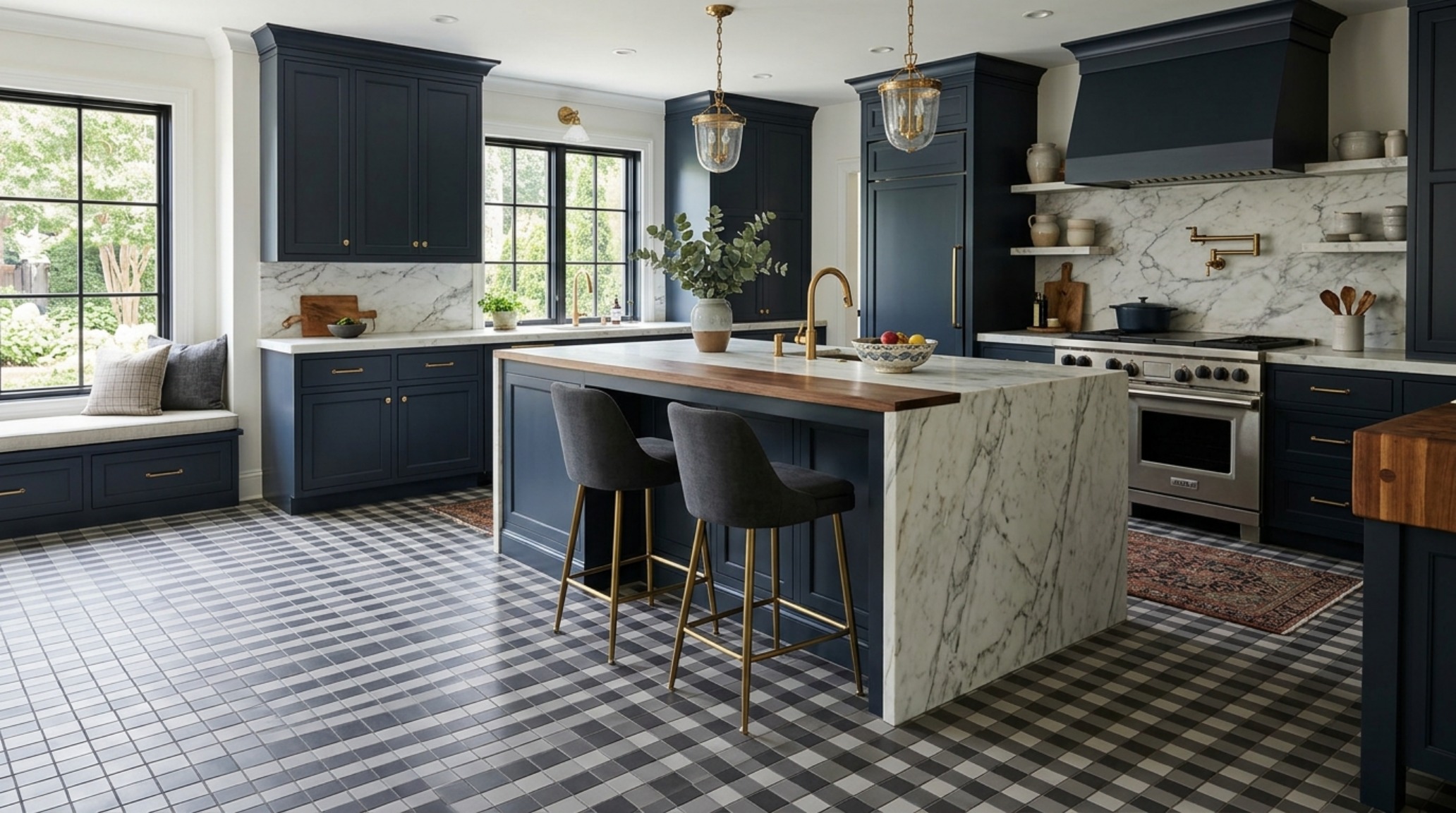 Checkerboard vs gingham floor patterns comparison with a soft grey and white gingham tile layout under a marble-topped kitchen island. Checkerboard vs gingham floor patterns comparison with a soft grey and white gingham tile layout under a marble-topped kitchen island.