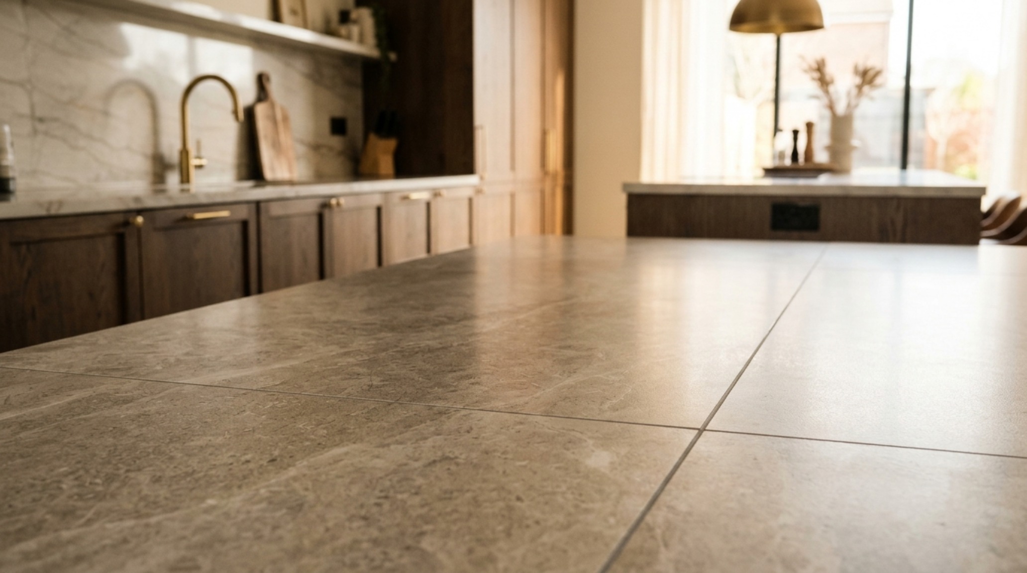 Tile designs for kitchen floors highlighting the tactile grounding of honed limestone-effect porcelain in a high-traffic culinary workspace. Tile designs for kitchen floors highlighting the tactile grounding of honed limestone-effect porcelain in a high-traffic culinary workspace.
