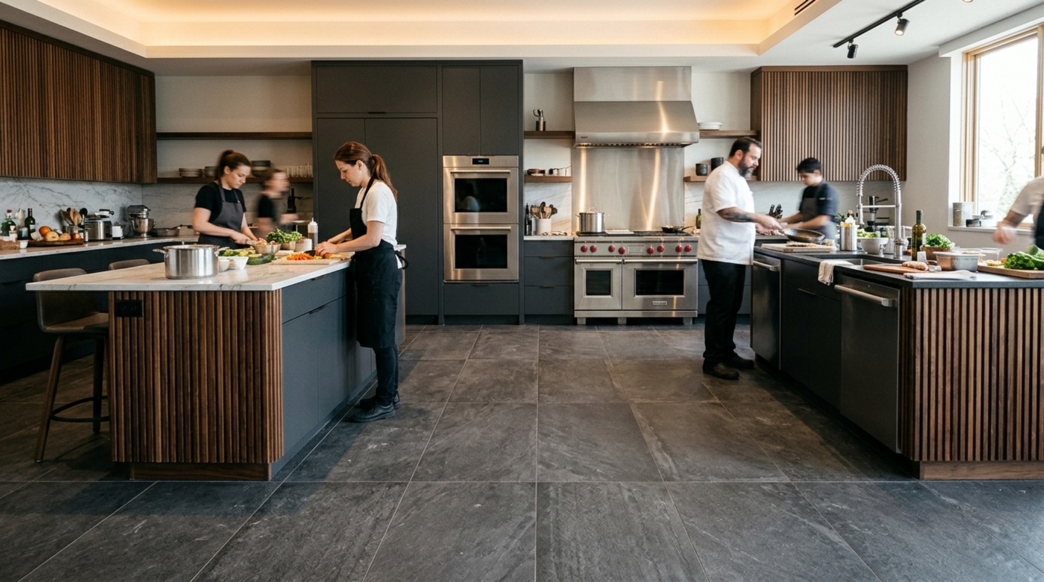 Best durable tile for high traffic shown in a busy family kitchen featuring PEI Group 4 charcoal porcelain slabs and fluted oak cabinetry. Best durable tile for high traffic shown in a busy family kitchen featuring PEI Group 4 charcoal porcelain slabs and fluted oak cabinetry.