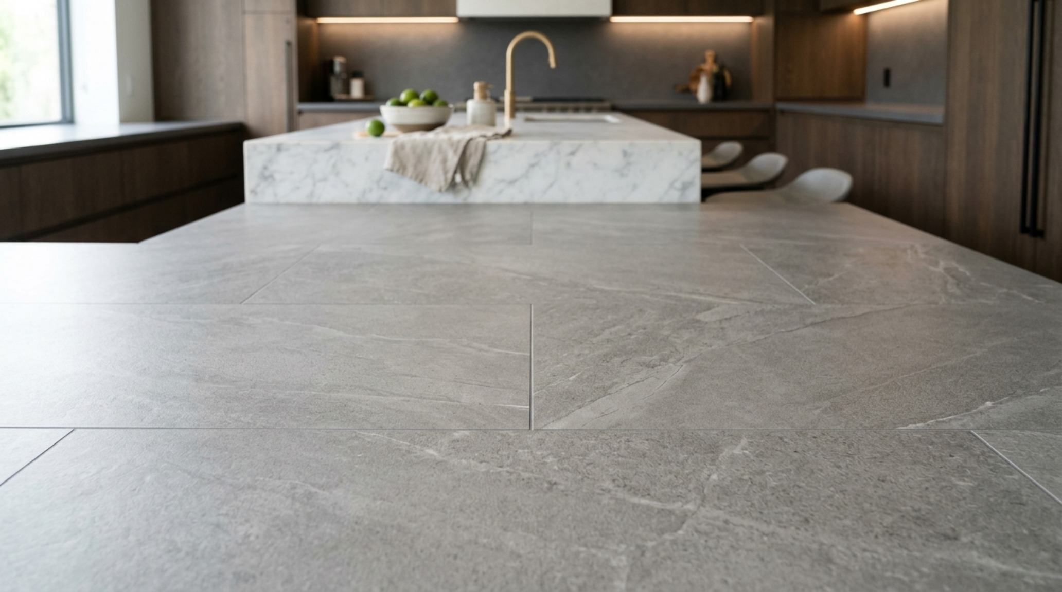 Large format porcelain layout with 24x48 inch stone-look tiles and 1/16-inch color-matched grout lines in a sun-drenched modern kitchen. Large format porcelain layout with 24x48 inch stone-look tiles and 1/16-inch color-matched grout lines in a sun-drenched modern kitchen.