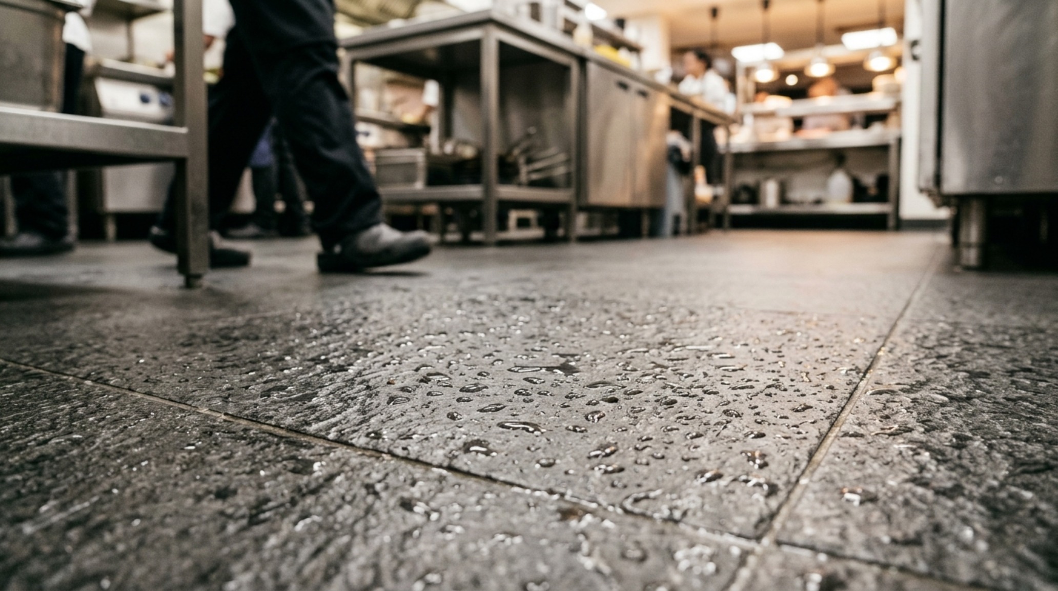 Slip resistant kitchen tiles with a honed Lappato finish providing safety and grip near a professional-grade stainless steel range. Slip resistant kitchen tiles with a honed Lappato finish providing safety and grip near a professional-grade stainless steel range.