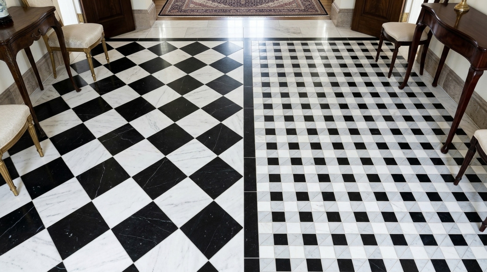 Checkerboard vs gingham floor patterns study featuring a classic black and white diagonal tile layout in a sophisticated breakfast nook. Checkerboard vs gingham floor patterns study featuring a classic black and white diagonal tile layout in a sophisticated breakfast nook.