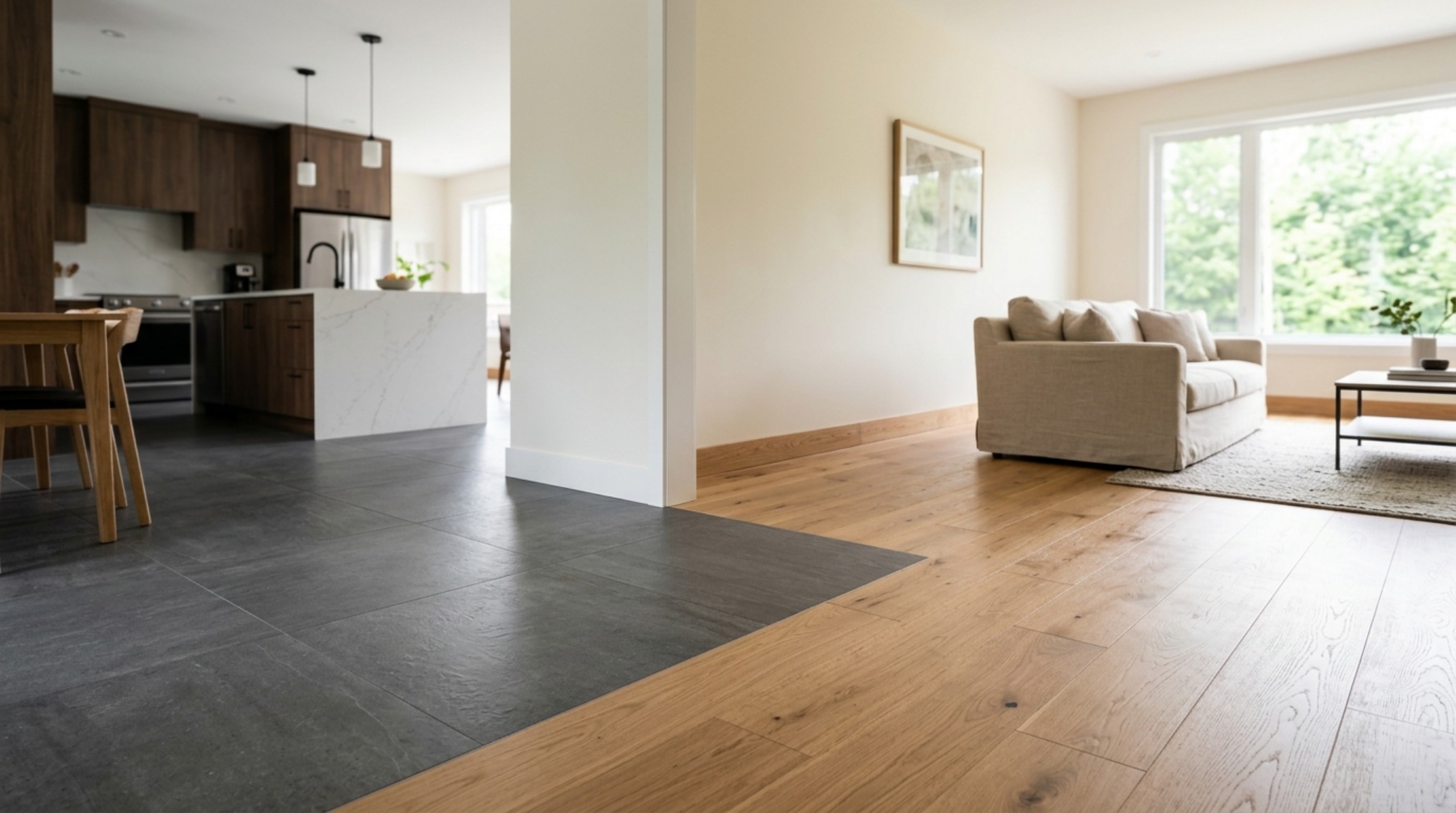 Open concept floor transitions showing the seamless flow from a concrete-look kitchen tile to a plush living room rug. Open concept floor transitions showing the seamless flow from a concrete-look kitchen tile to a plush living room rug.