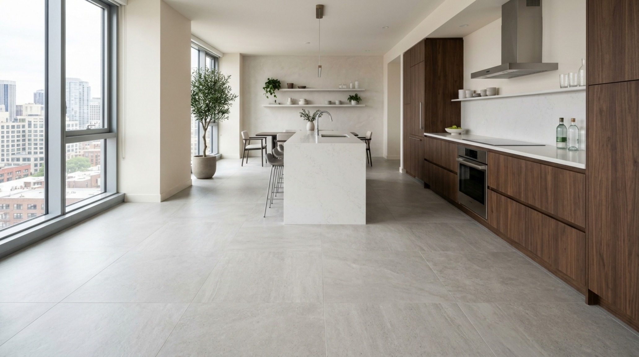 Large format porcelain layout in a minimalist penthouse kitchen featuring 48-inch square slabs for a monolithic floor effect. Large format porcelain layout in a minimalist penthouse kitchen featuring 48-inch square slabs for a monolithic floor effect.