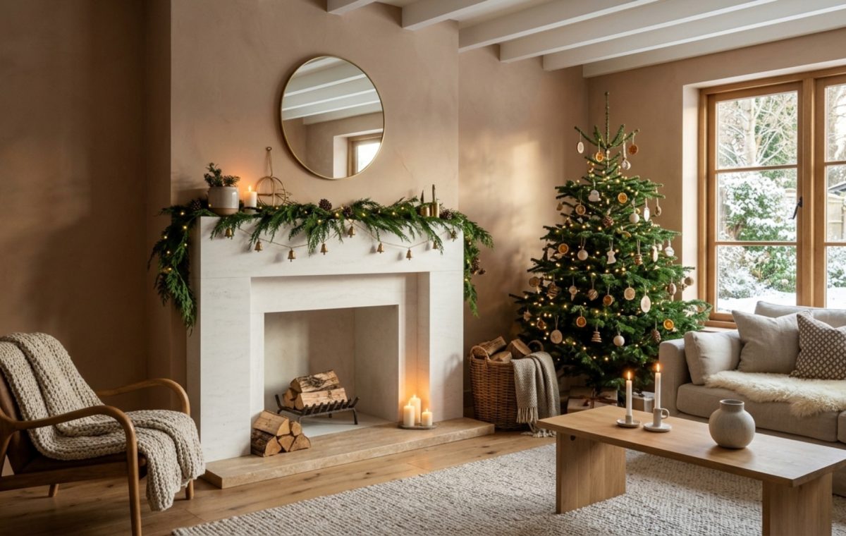 scandi christmas decorating ideas featuring a minimalist cedar garland on a honed travertine fireplace with warm 2700K lighting