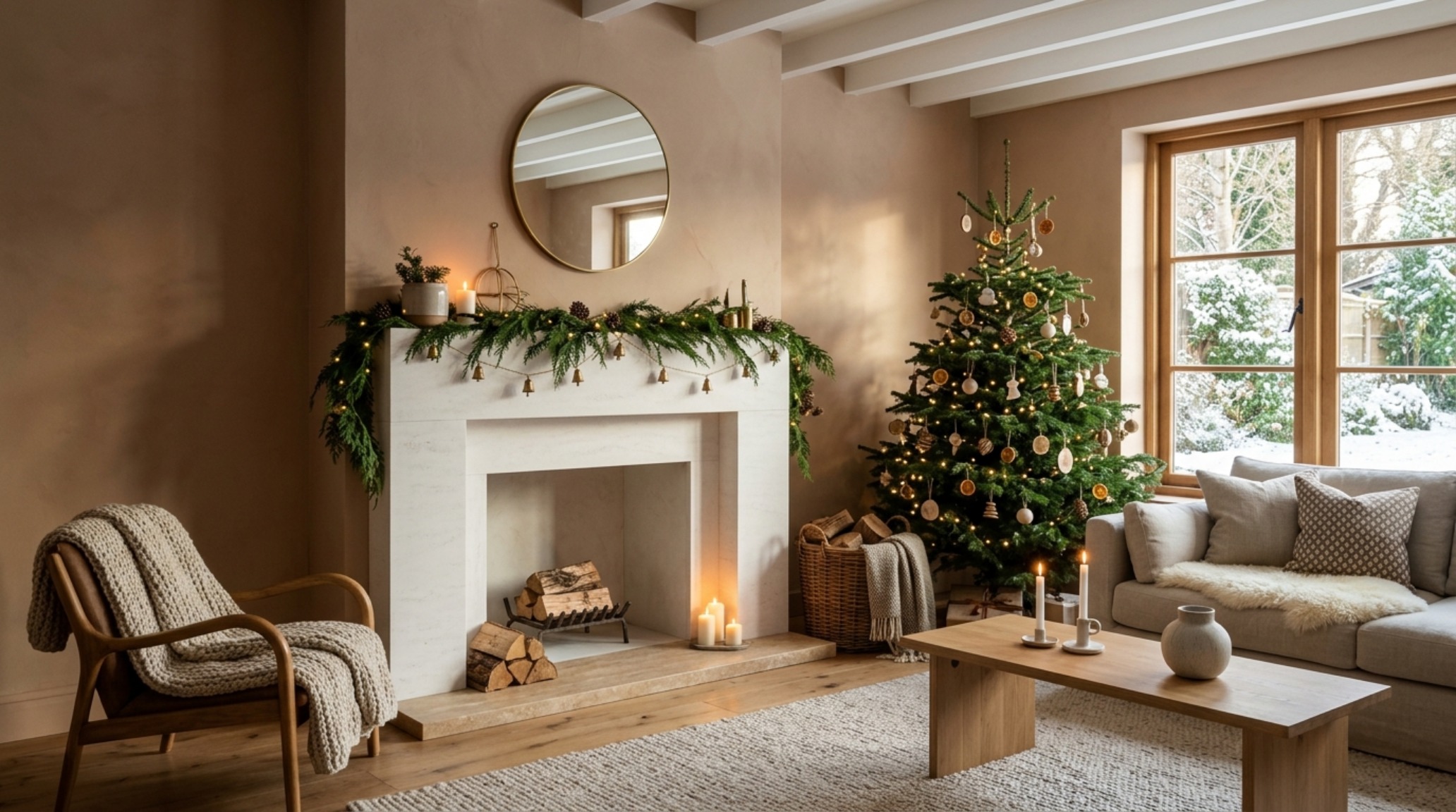 scandi christmas decorating ideas featuring a minimalist cedar garland on a honed travertine fireplace with warm 2700K lighting scandi christmas decorating ideas featuring a minimalist cedar garland on a honed travertine fireplace with warm 2700K lighting