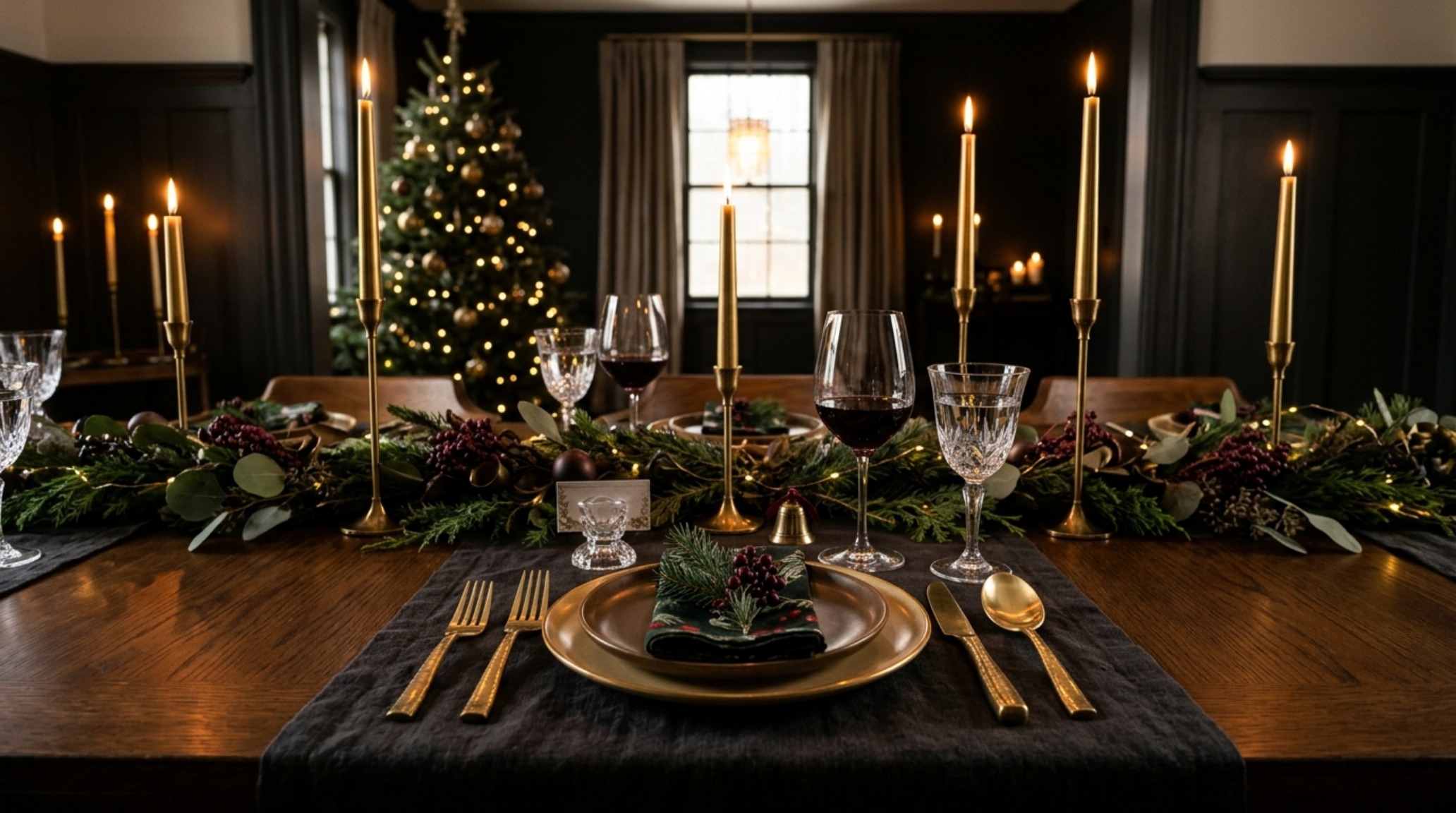 luxury christmas dining room tablescape with solid brass flatware and crystal glassware under diffused directional lighting luxury christmas dining room tablescape with solid brass flatware and crystal glassware under diffused directional lighting