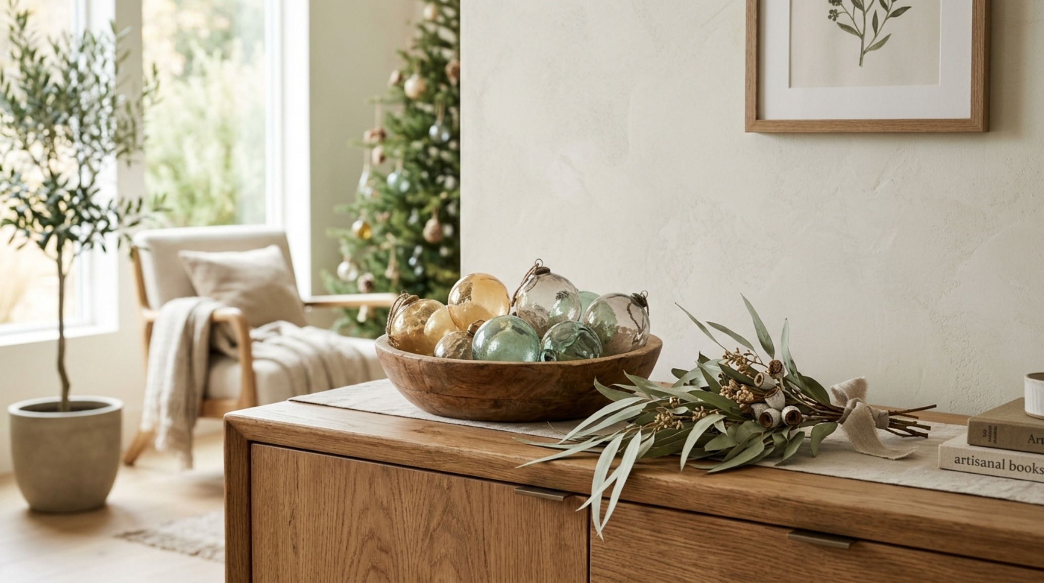 sustainable holiday decorations emphasizing recycled glass and natural textures on a contemporary oak sideboard sustainable holiday decorations emphasizing recycled glass and natural textures on a contemporary oak sideboard