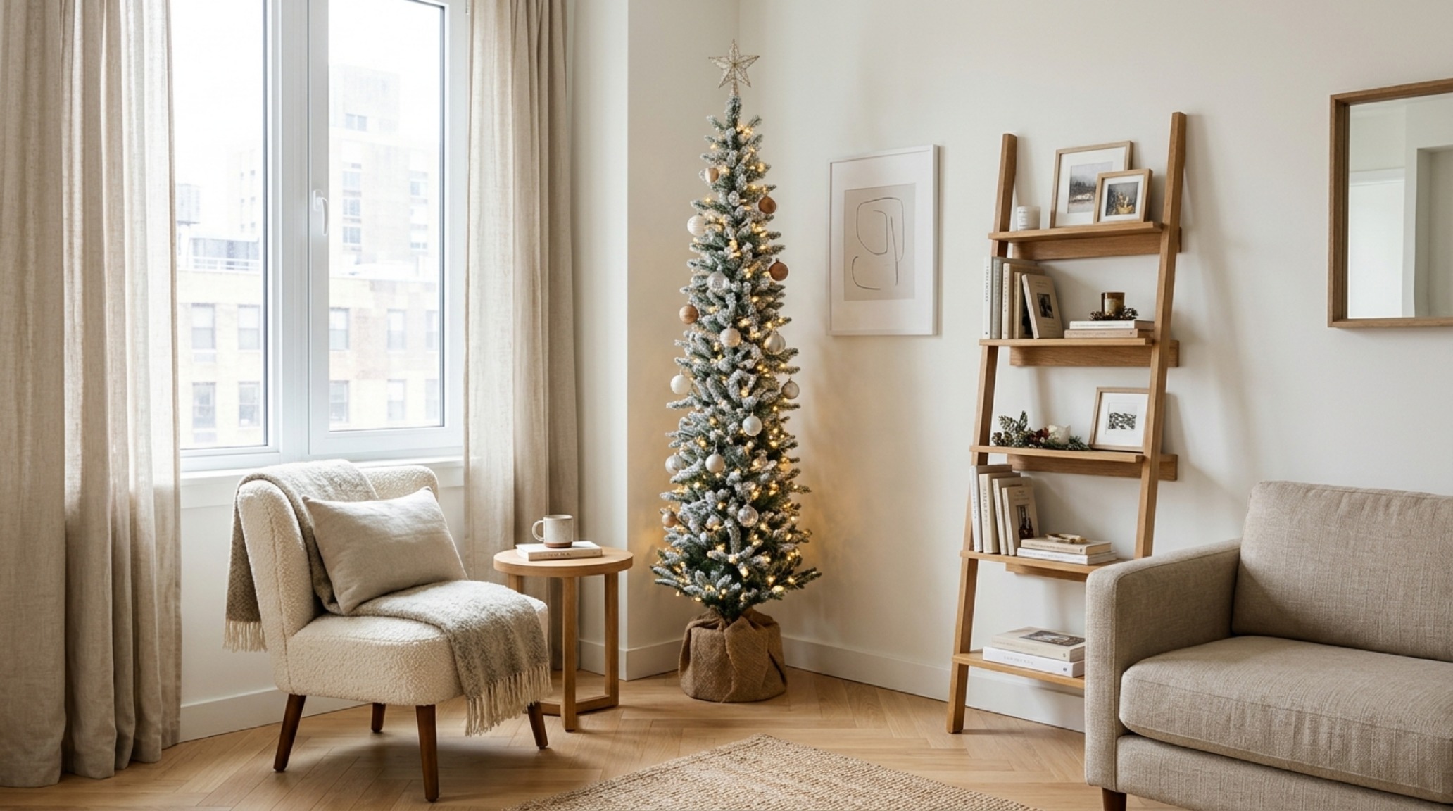 small apartment holiday decor utilizing vertical space with a slender pencil pine tree and wall-mounted brass candle holders small apartment holiday decor utilizing vertical space with a slender pencil pine tree and wall-mounted brass candle holders