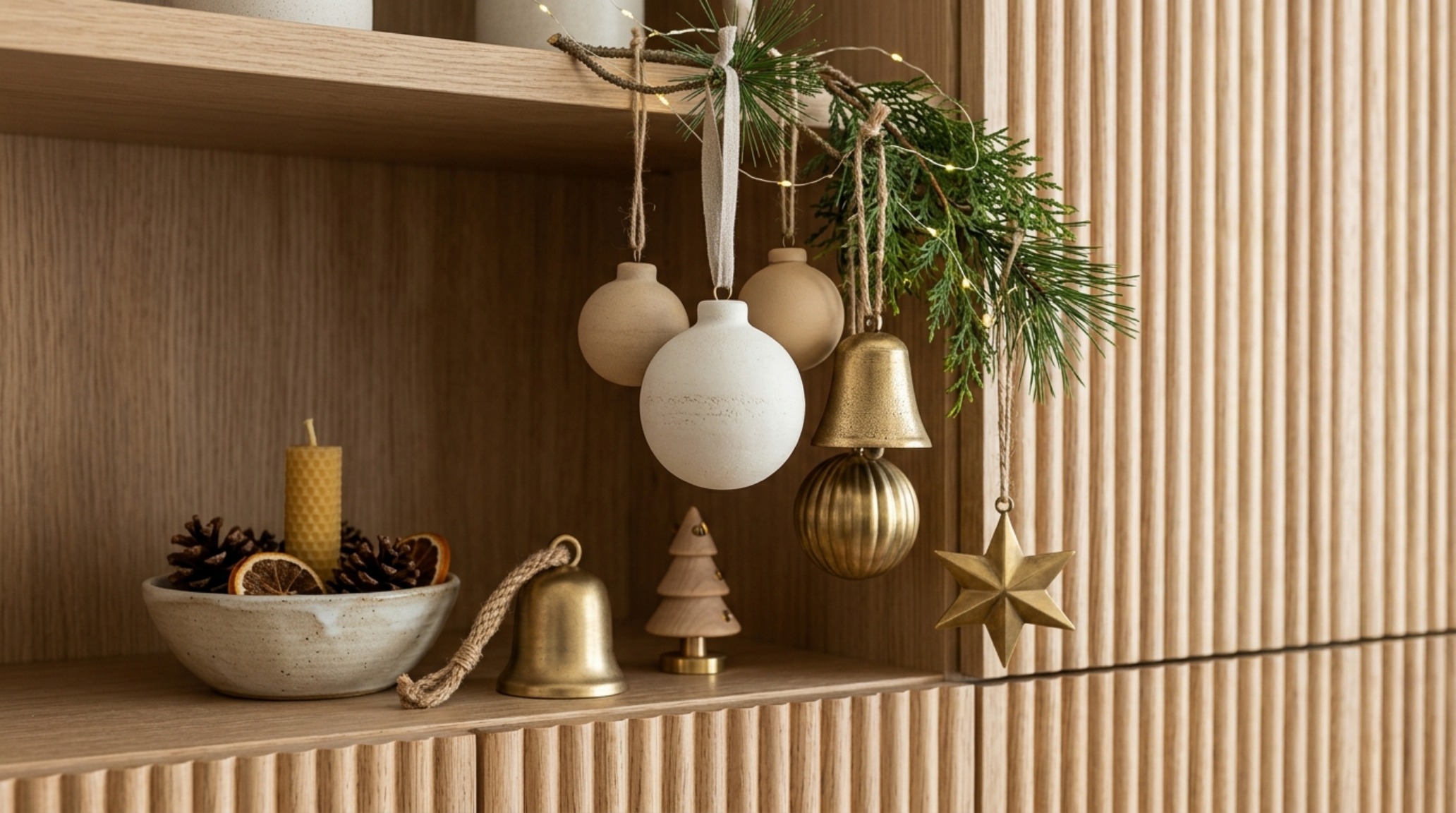 modern christmas decor trends 2024 showcasing tonal materiality with fluted white oak cabinetry and unglazed ceramic ornaments modern christmas decor trends 2024 showcasing tonal materiality with fluted white oak cabinetry and unglazed ceramic ornaments