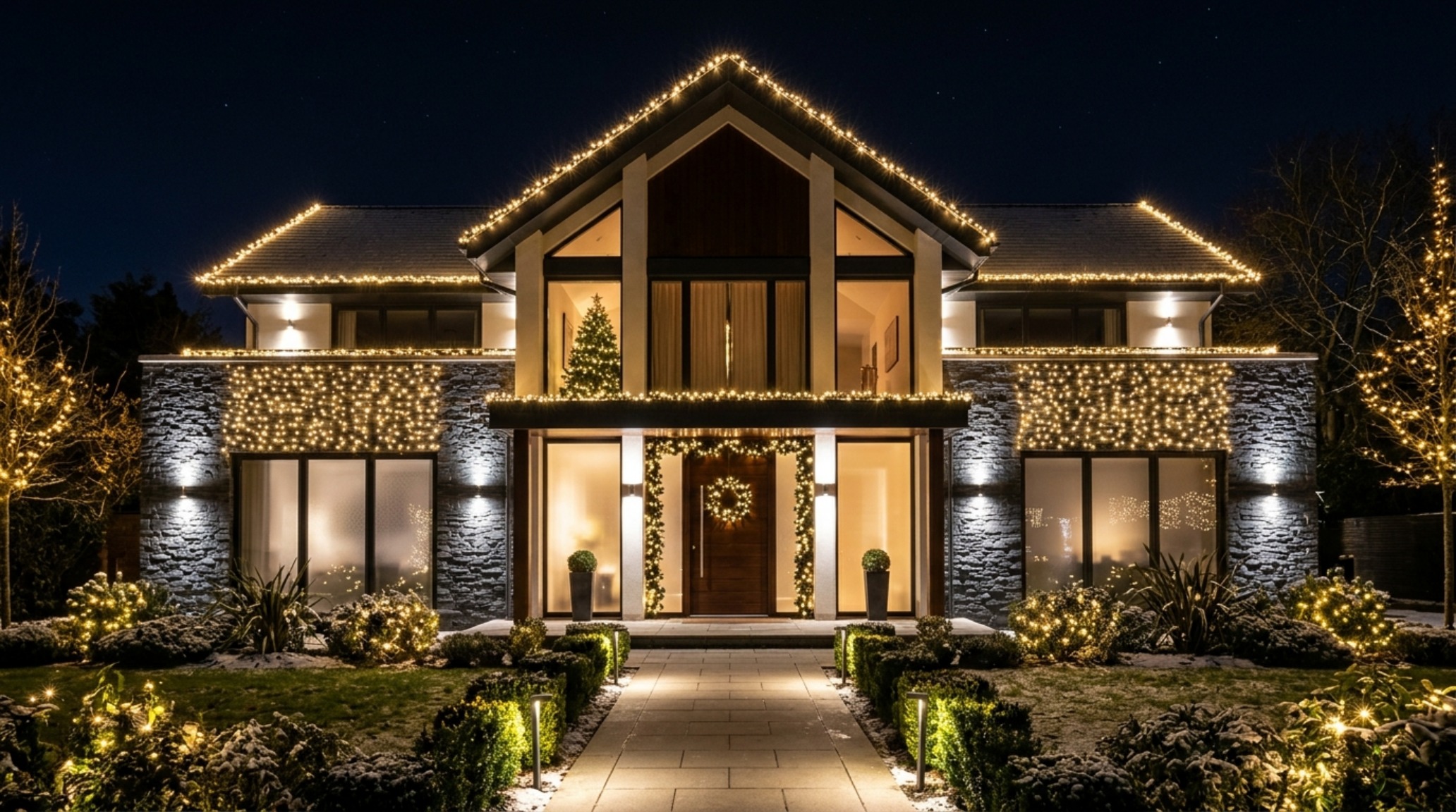 outdoor christmas lighting layout highlighting a modern home silhouette with architectural uplighting and warm white LEDs outdoor christmas lighting layout highlighting a modern home silhouette with architectural uplighting and warm white LEDs