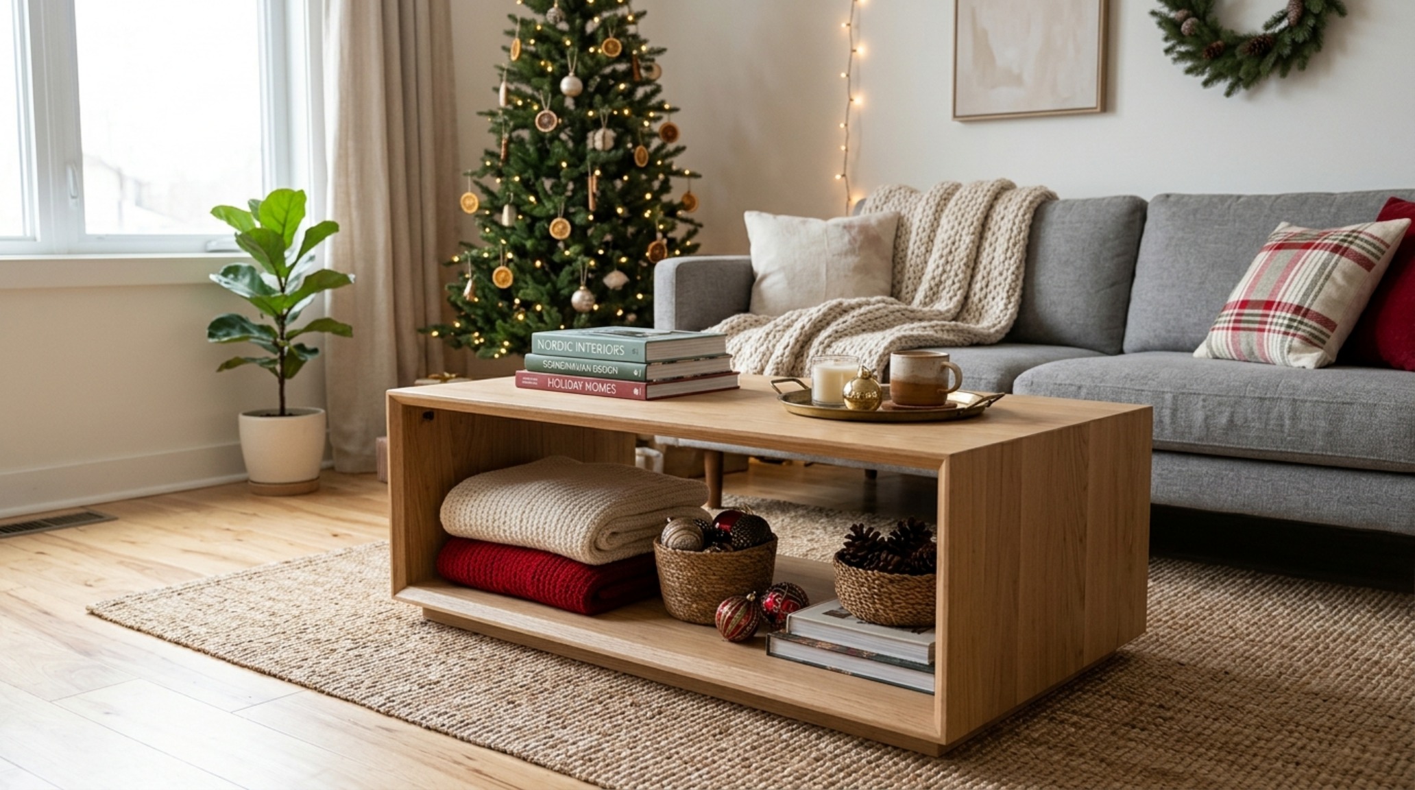 small apartment holiday decor featuring a hollow coffee table used for ergonomic storage and minimalist surface styling small apartment holiday decor featuring a hollow coffee table used for ergonomic storage and minimalist surface styling