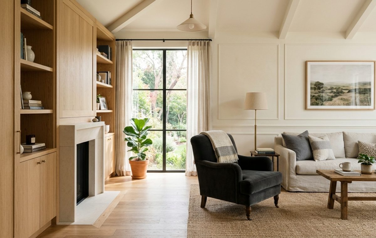 60-30-10 rule for room design applied in a contemporary living room with Swiss Coffee walls, oak cabinetry, and slate accents.