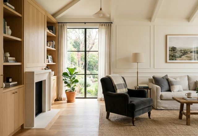 60-30-10 rule for room design applied in a contemporary living room with Swiss Coffee walls, oak cabinetry, and slate accents.