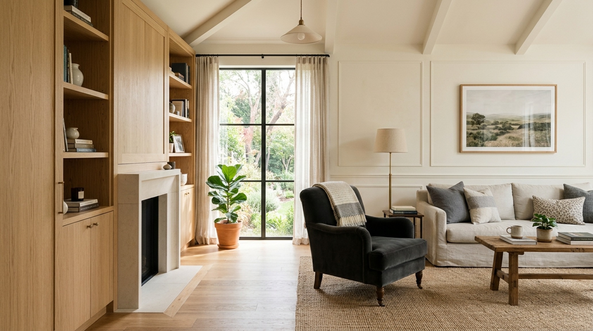 60-30-10 rule for room design applied in a contemporary living room with Swiss Coffee walls, oak cabinetry, and slate accents. 60-30-10 rule for room design applied in a contemporary living room with Swiss Coffee walls, oak cabinetry, and slate accents.