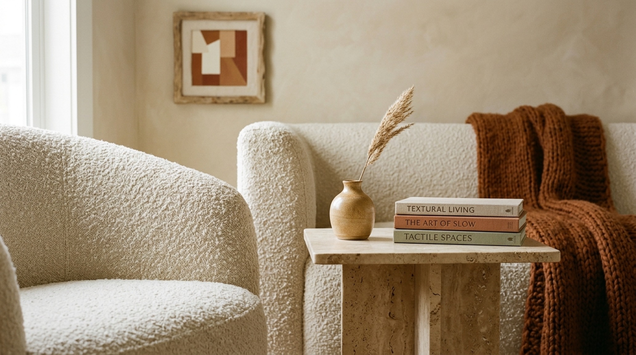 tactile color matching strategies displayed through the pairing of honed travertine surfaces and bouclé upholstery in a neutral palette. tactile color matching strategies displayed through the pairing of honed travertine surfaces and bouclé upholstery in a neutral palette.