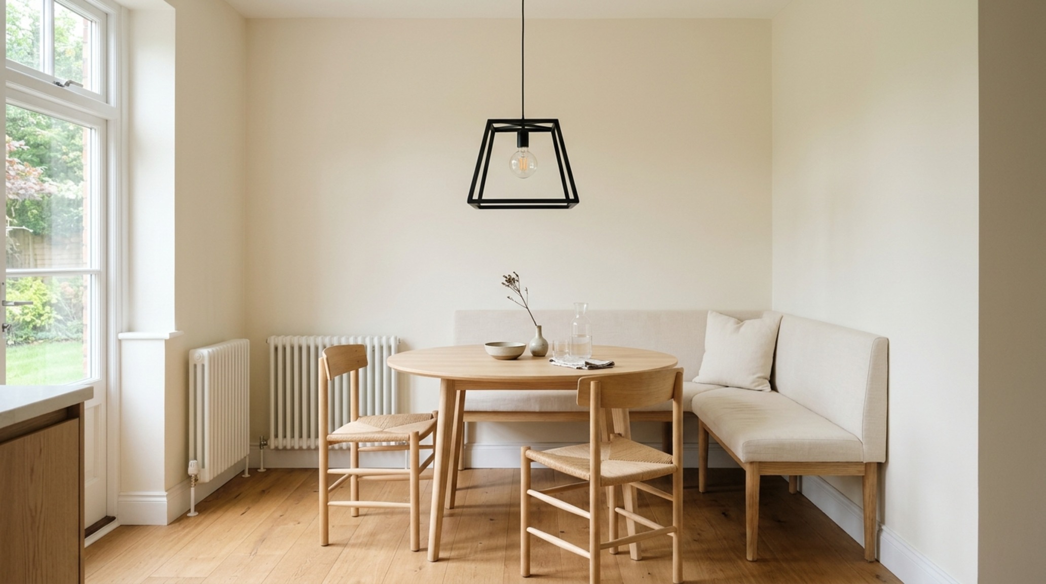 60-30-10 rule for room design emphasizing the 10 percent accent through a sculptural black light fixture in a soft cream dining nook. 60-30-10 rule for room design emphasizing the 10 percent accent through a sculptural black light fixture in a soft cream dining nook.