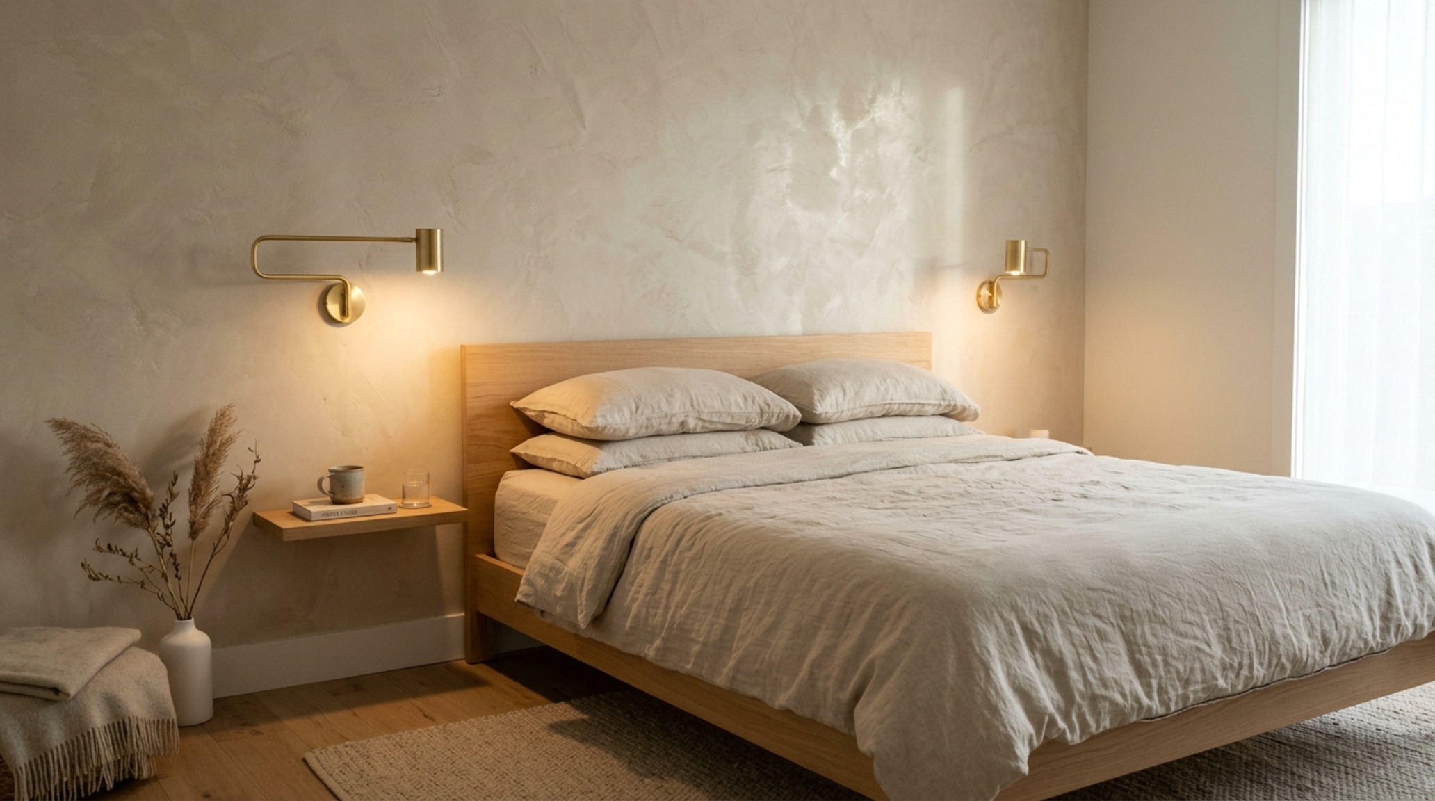 accent wall coordination in a minimalist primary suite using a textured plaster finish that matches the linen headboard. accent wall coordination in a minimalist primary suite using a textured plaster finish that matches the linen headboard.