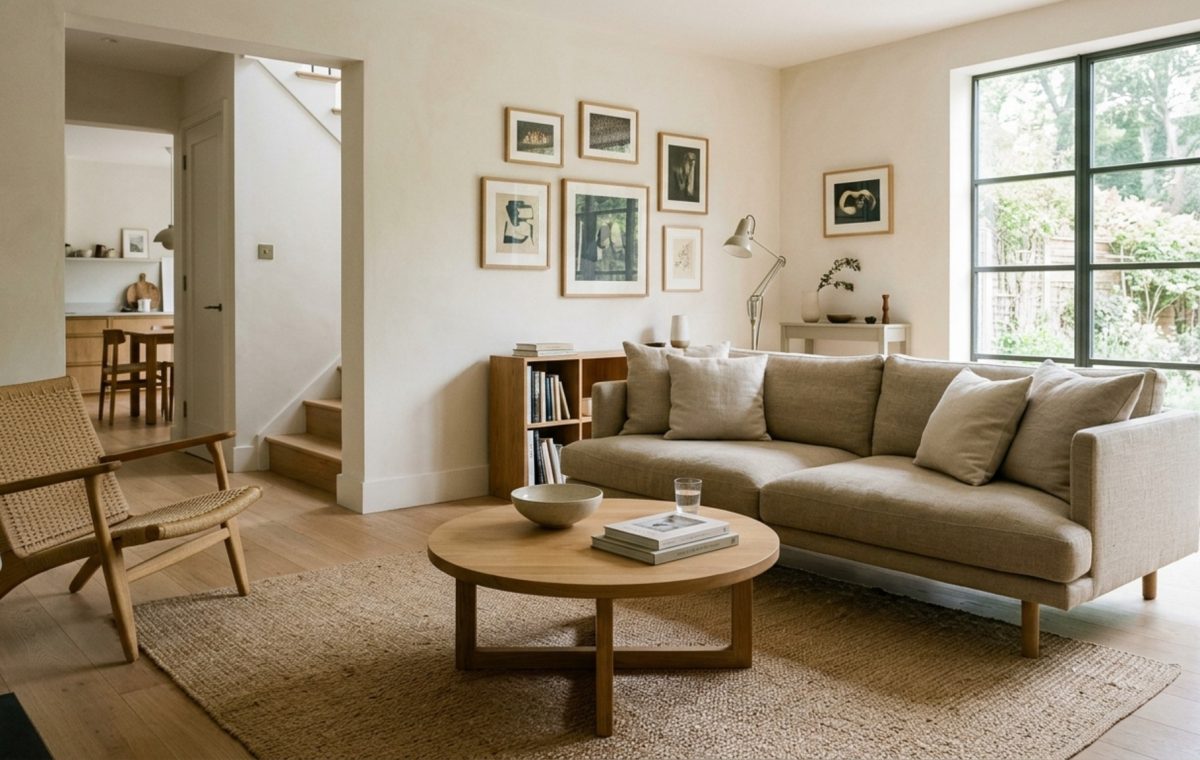 Small living room layout ergonomics featuring a 36-inch walkway clearance and a floating sofa design to maximize perceived spatial volume.