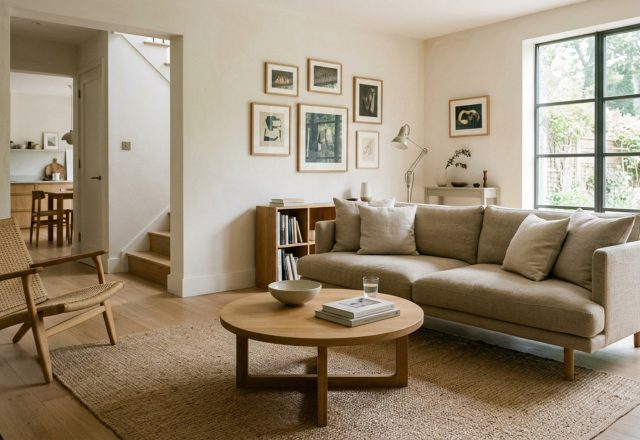 Small living room layout ergonomics featuring a 36-inch walkway clearance and a floating sofa design to maximize perceived spatial volume.