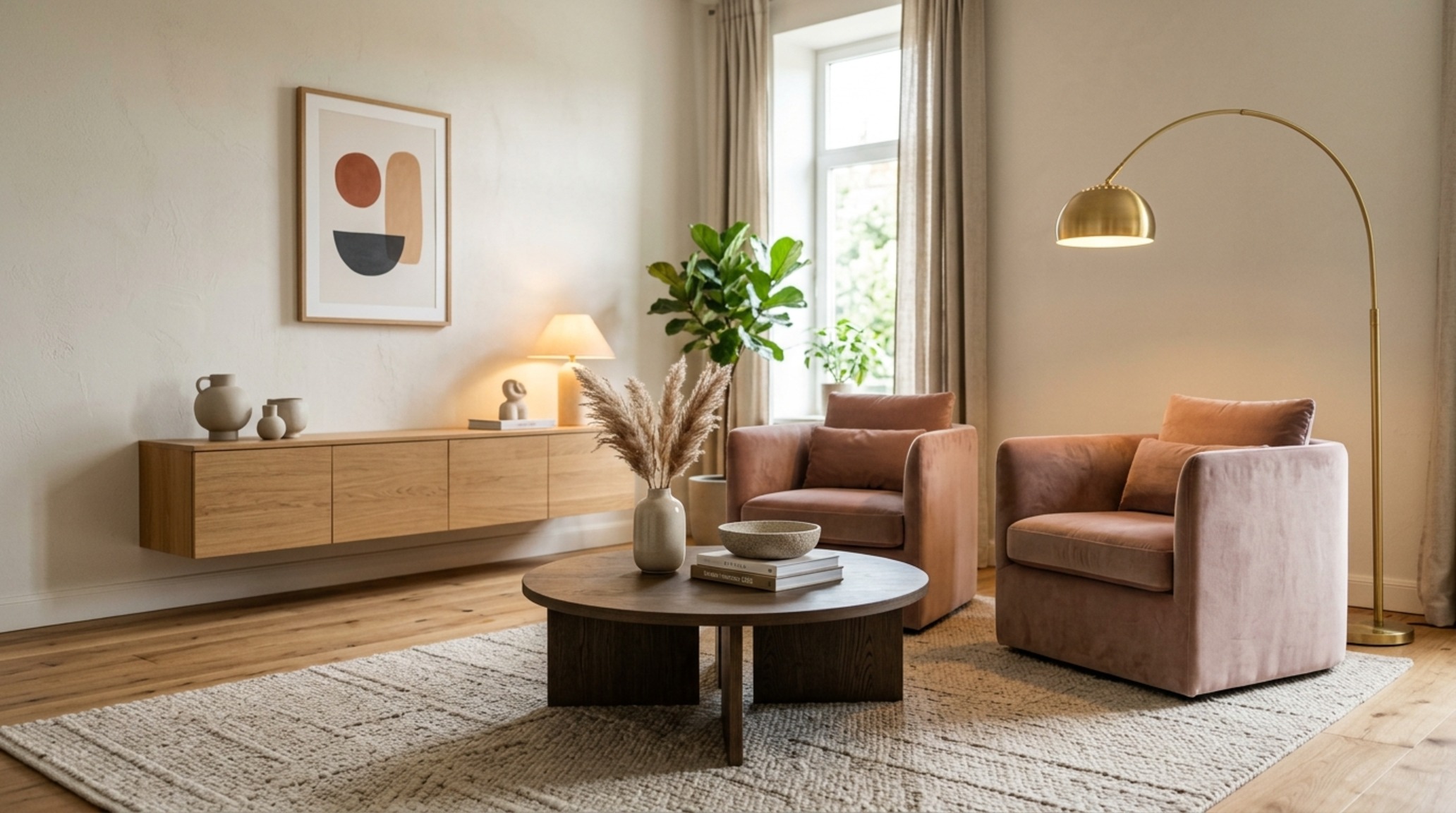Modern living room color trends 2026 showcasing a palette of Benjamin Moore Swiss Coffee walls and Farrow & Ball Setting Plaster accents under 3000K task lighting.