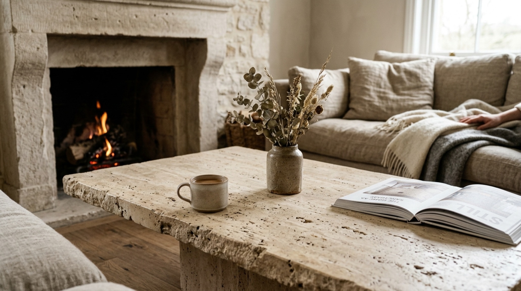 Sustainable stone surfaces including a honed travertine plinth coffee table and a limestone fireplace hearth in a minimal living room setting.