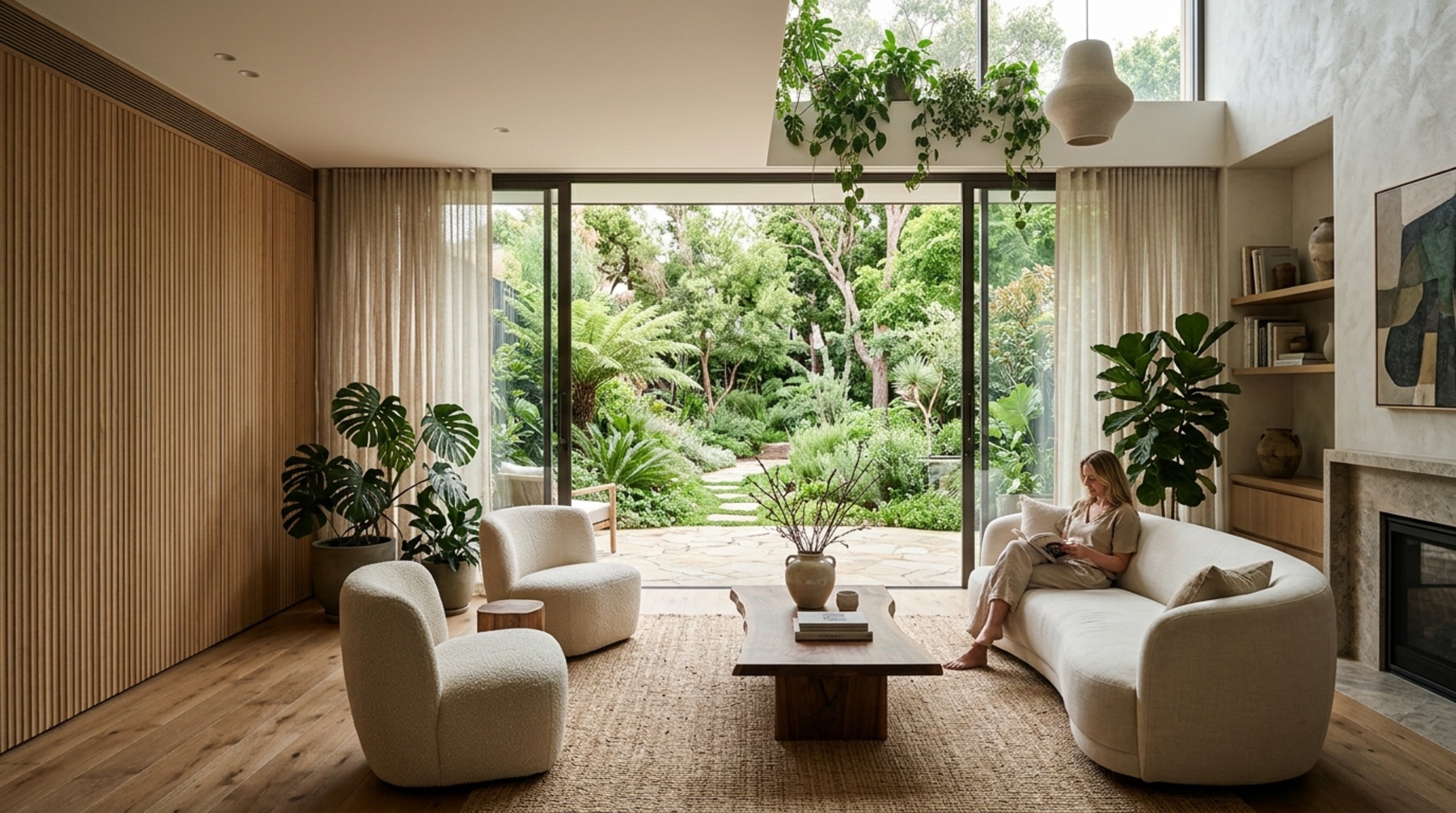Biophilic living room integration with floor-to-ceiling windows, natural oak slats, and a curated selection of indoor greenery for sensory wellness.