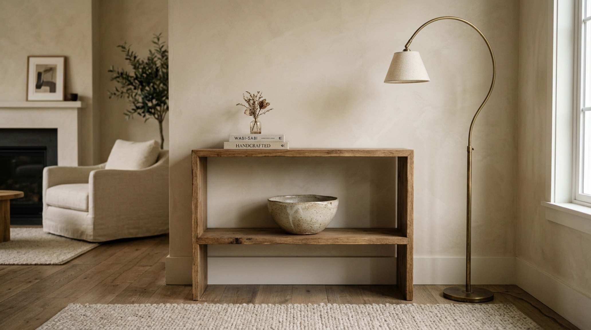 Quiet luxury decor elements such as hand-thrown ceramic vases, heavy Belgian linen upholstery, and solid brass hardware in a monochromatic lounge.