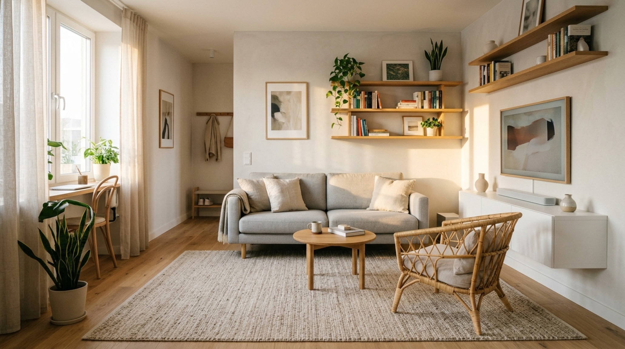 Small living room layout ergonomics demonstrated with a modular sectional sofa and a multi-functional ottoman in a compact urban apartment.