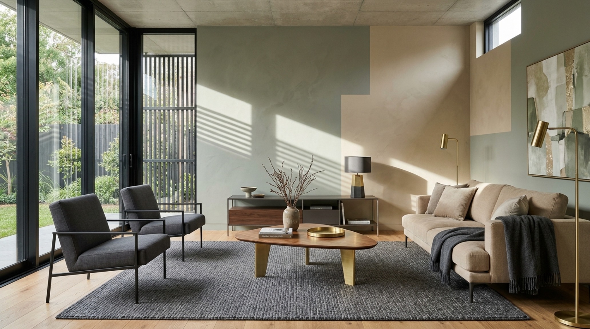 Modern living room color trends 2026 featuring deep slate charcoal accents and warm alabaster walls for a high-contrast architectural look.